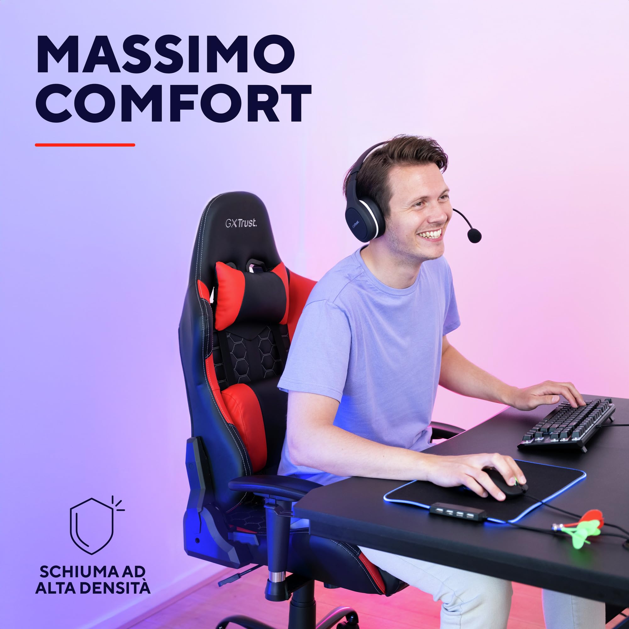 Trust Gaming GXT 708R Resto Sedia Gaming, Sedia 360° con Cuscini Rimovibili, Regolabile in Altezza, Sedia Girevole da Scrivania per PC, Ufficio, per Gioco – Rosso