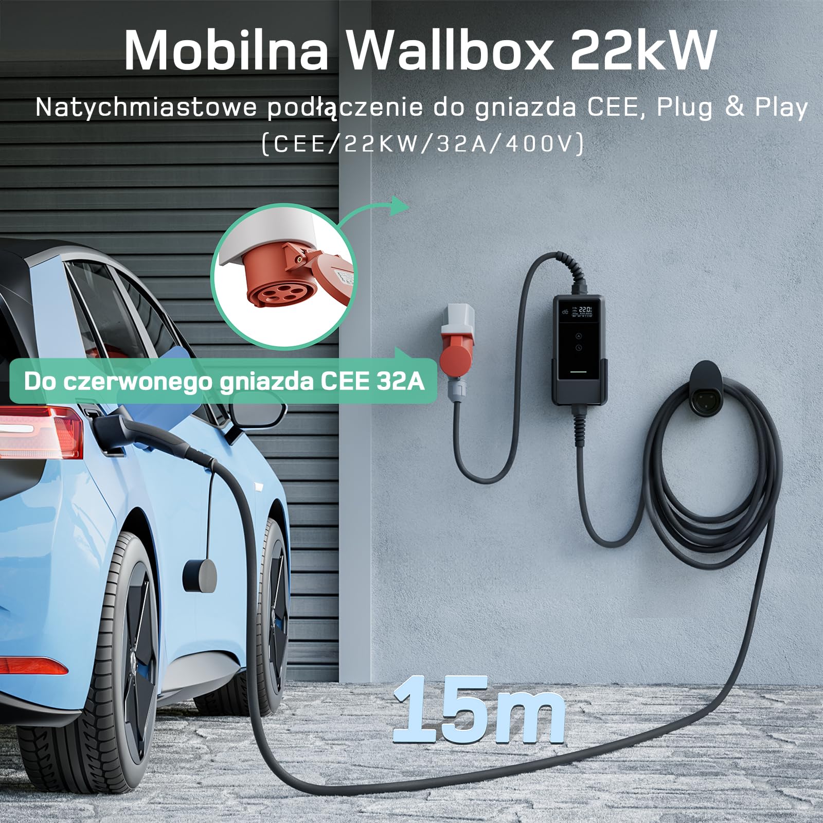 dé Ładowarka Mobilna 22kW, z Aplikacją [3-Fazowa, 15m, 6-32A] z Licznikiem Prądu, Kablem do Ładowania CEE 32A na Typu 2 i Ładowarką EV do modeli Y, E-208, 500e i innych EV/PHEV