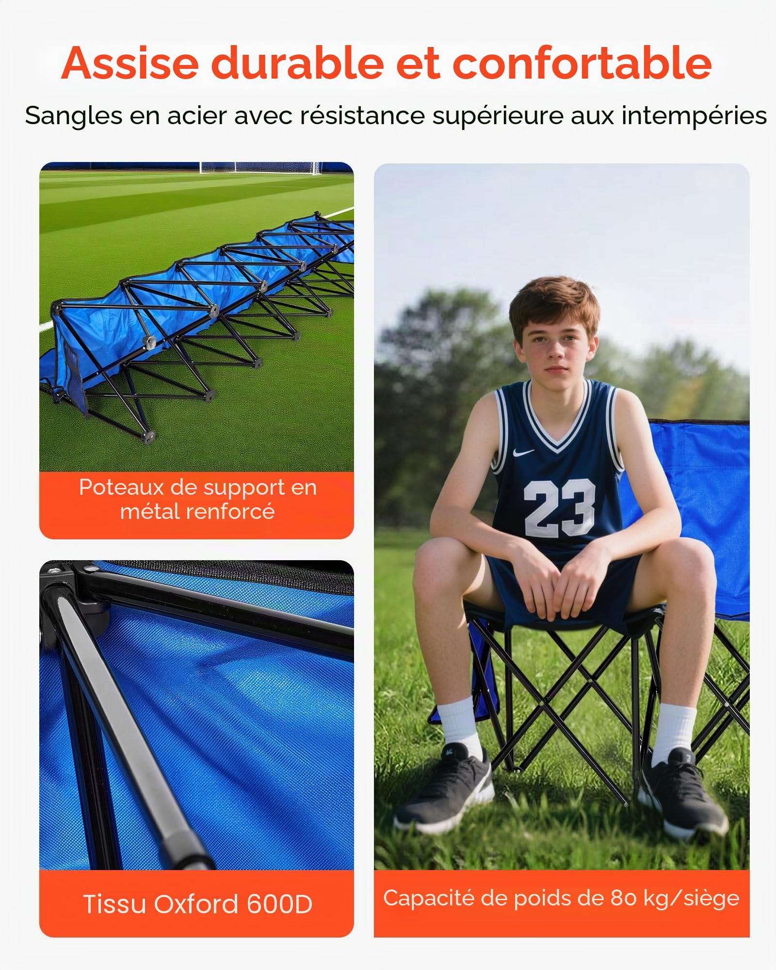 VEVOR Banc Pliant Portable à 6 Places, Banc de Camping Pliable avec Poches de Rangement et Sac de Transport, siège latéral léger avec Dossier pour Football, Baseball et événements en Plein air, Bleu