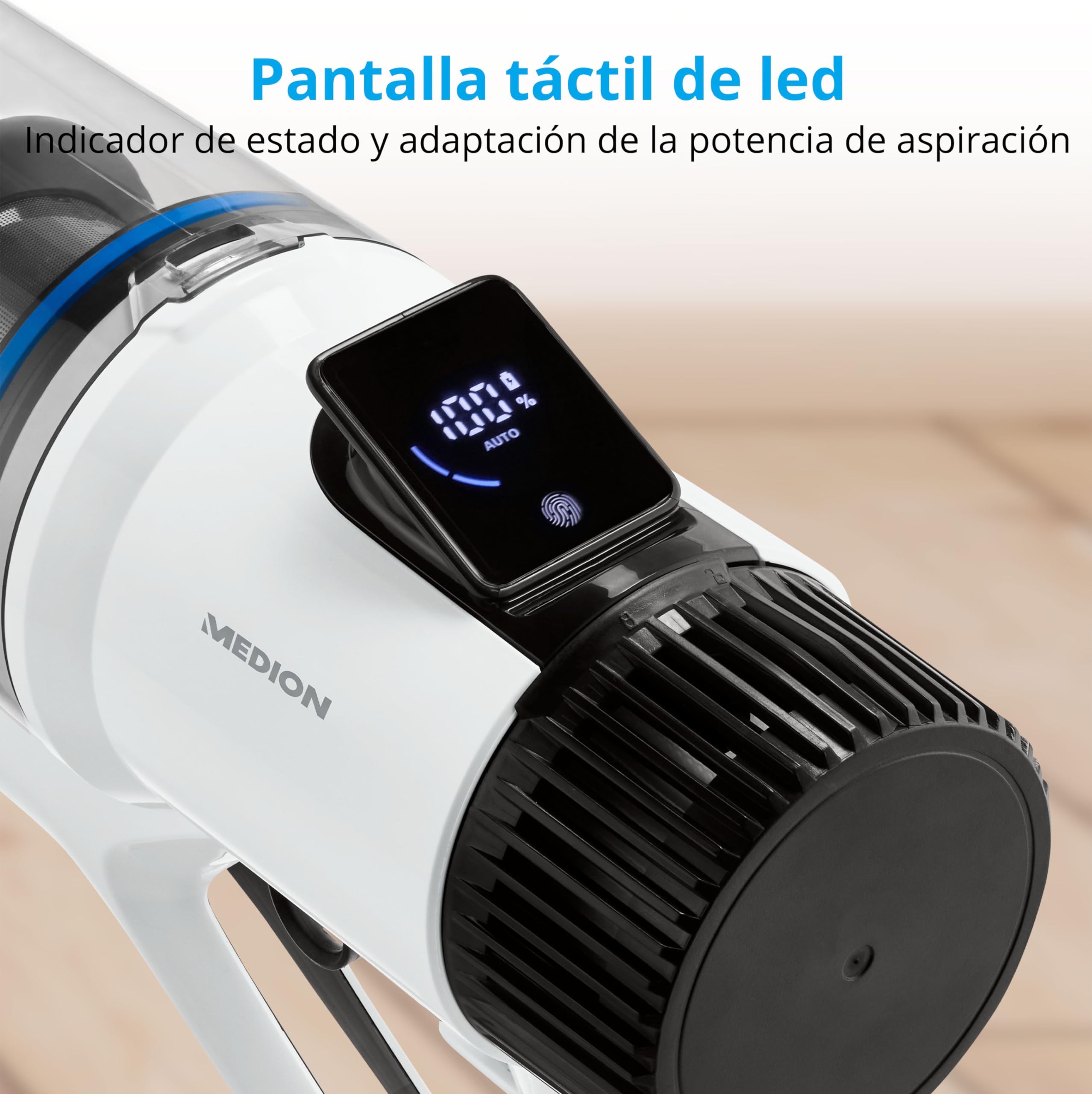 MEDION P350 W Aspirador Vertical 3 en 1, Aspirador sin Bolsa con estación de Carga y función mopa, aspiradora sin Cable con 24 kPa y 350 W, aspiradora de Mano con Pantalla táctil y Sensor de Polvo