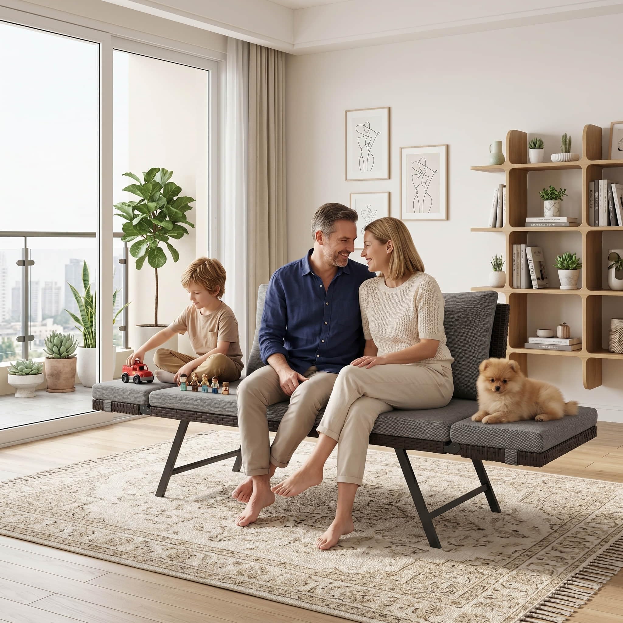 Gartenbank Rattan Wetterfest mit Liegefunktion 2-3 Sitzer, Gartensofa & Balkonsofa mit Kissen & Polster, Verstellbare Armlehnen, Bis 220kg, Outdoor Sofa Bank für Klein Balkon, Terrasse, Garten -Grau
