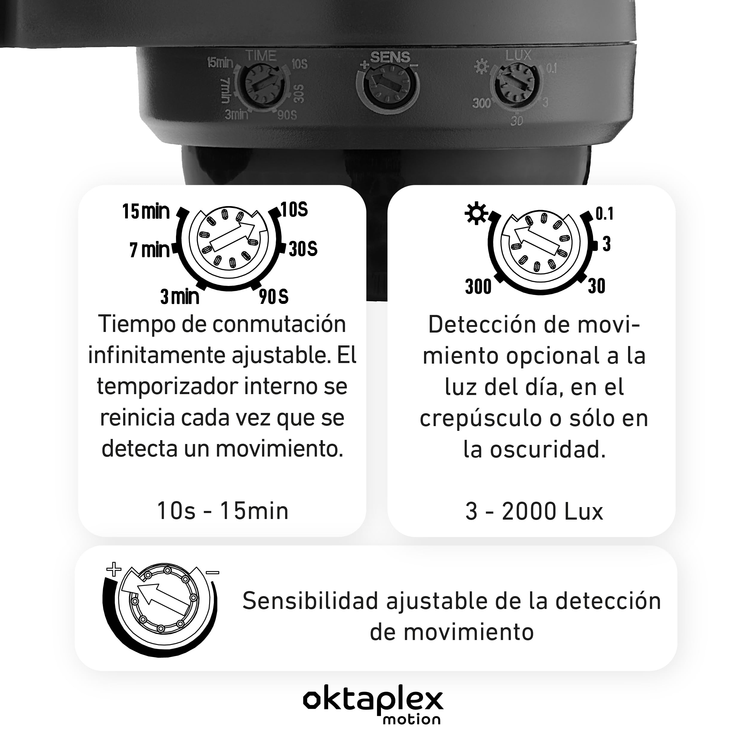 Oktaplex - Detector de movimiento exterior (2 unidades, 360 °) | PIR de 360° con alcance de 10 m e índice IP65, orientable con sensor crepuscular para montaje en saliente