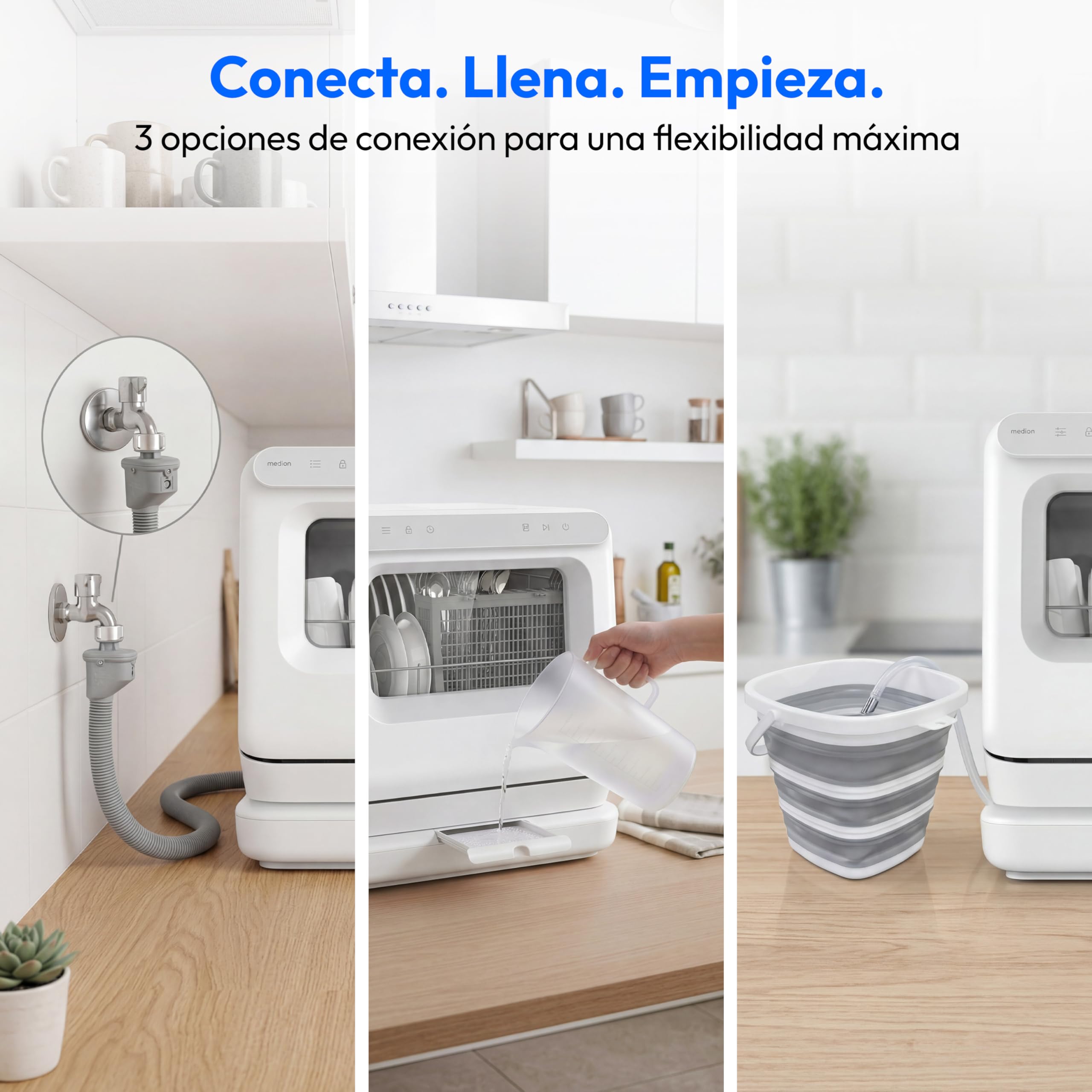 MEDION Mini Lavavajillas DWT30, 3 Servicios, Lavavajillas de Sobremesa, funciona con o sin conexión de agua, 6 Programas, Luz UV, Secado por Aire, Pantalla Táctil, libre instalación, MD370022