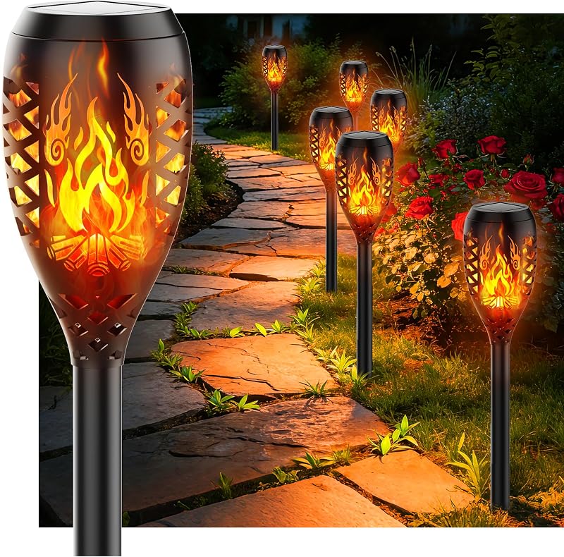 Lampes Solaires de Jardin pour Extérieur, [6 Pièces] Design Feu de Camp, Torches Solaires IP44 Étanches, Lampe Solaire pour Jardin, Allées, Cours, Pelouse