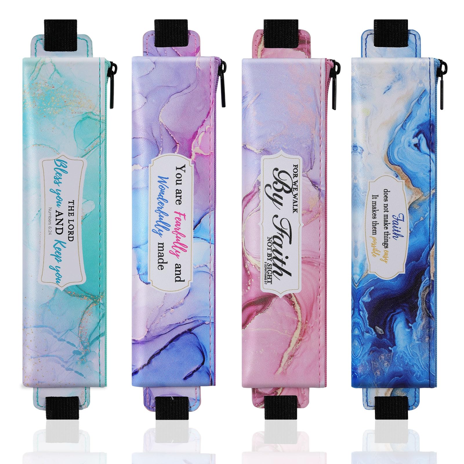 MoKo Elastic Pen Holder for Notebook, 4 Pieces PU Leather Pencil Case with Adjustable Band, Stationery School Supplies Zipper Bag for Planners,