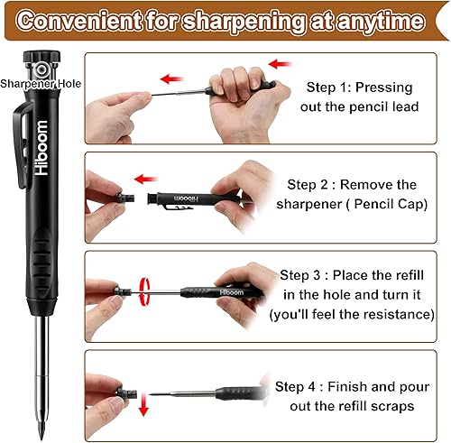 Miniatura 3 de Hiboom Juego de 4 lápices de carpintero con 24 repuestos, lápiz mecánico de carpintero de 0.11 pulgadas (0.110 in), sacapuntas integrado,