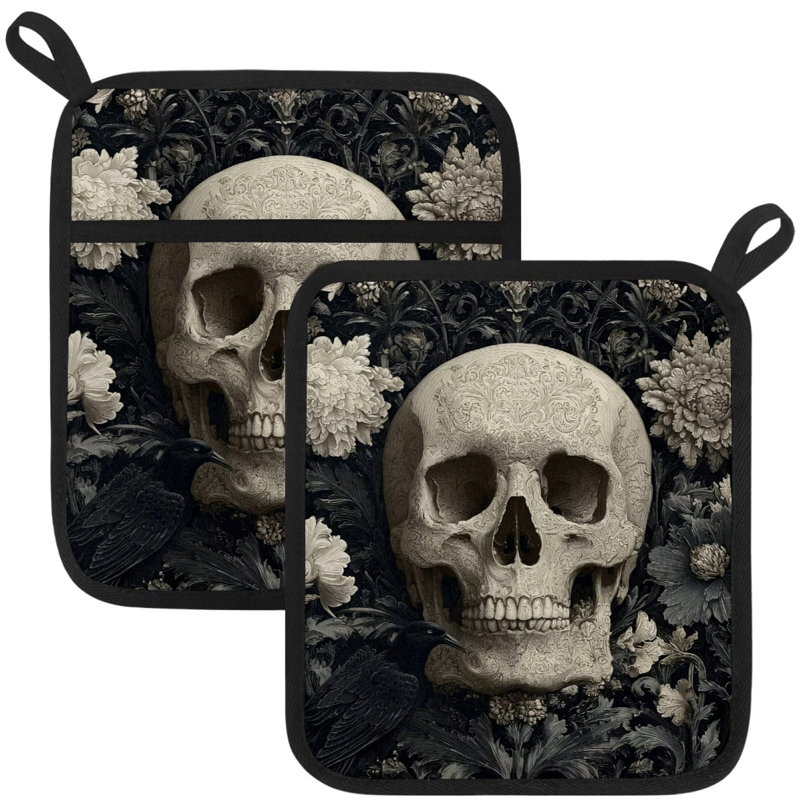 VAPOKF White Skull Flower Pot Holders with Pocket for Kitchen Heat Resistant Potholders Large Polyester-Cotton Square Oven Mitts Set