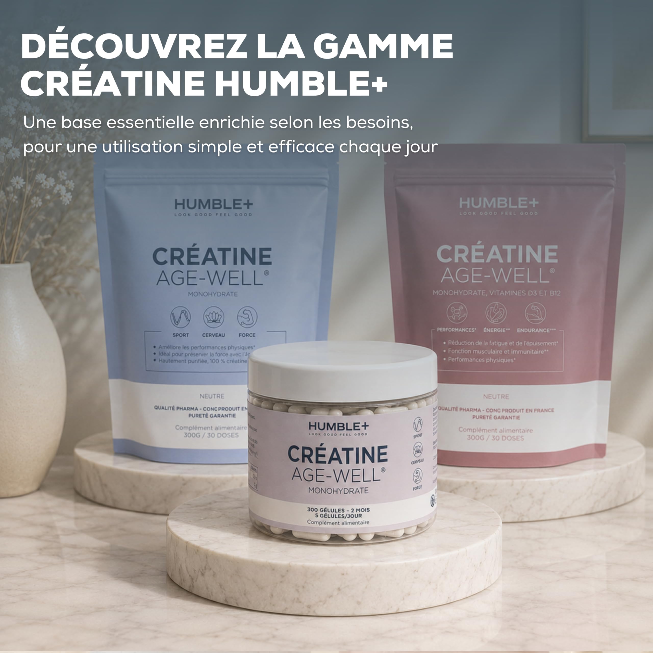 HUMBLE+ Créatine Monohydrate Age-Well® Gélules - 300 Gélules - 2 Mois | Créatine pure monohydrate, 3 g par jour, 300 gélules - Format 2 mois - Complément alimentaire - Marque Française