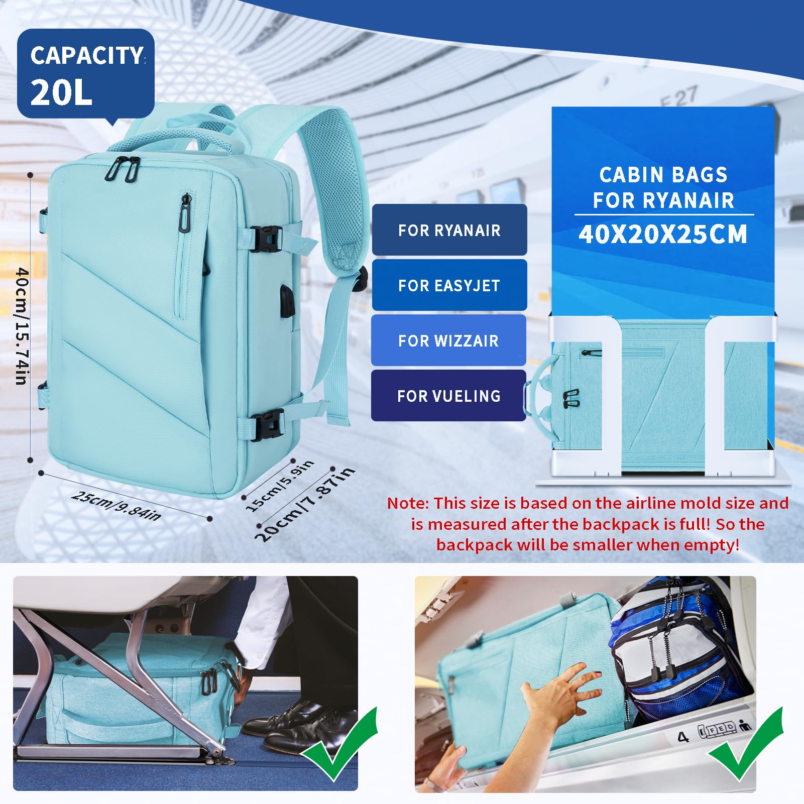 Leyrica Zaino da Viaggio per Ryanair/Wizzair 40x20x25 Bagaglio a Mano Unisex Borse da Cabina Zaino per Laptop 15 pollici Daypack Casual Zaino Università/Lavoro Impermeabile (Azzurro)