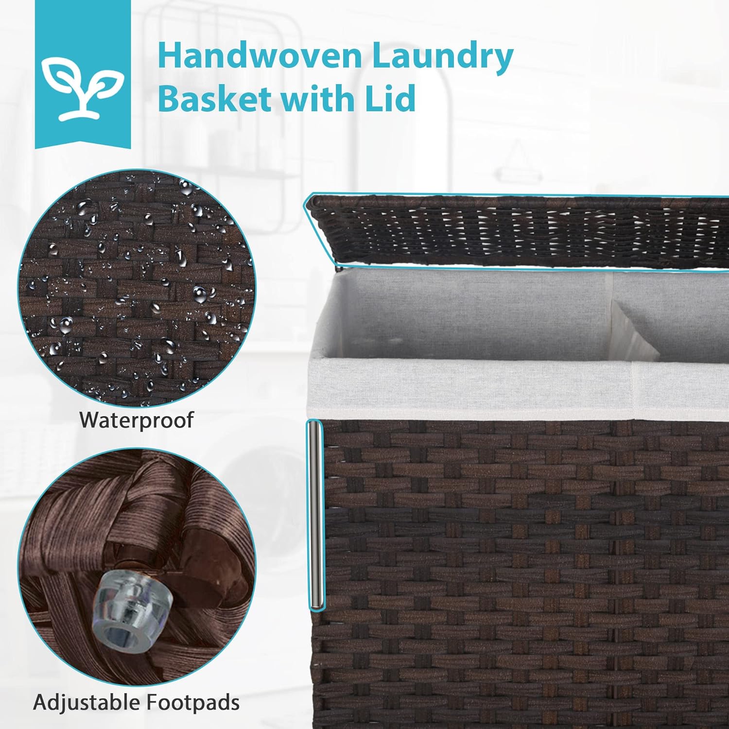 Laundry Hamper with Lid, 110L Laundry Basket with Lid, Hampers for Laundry with 2 Removable Liner Bags & 6 Laundry Bags, Clothes Hamper for Clothes, Toys in Bathroom, Bedroom, Laundry Baskets, Brown