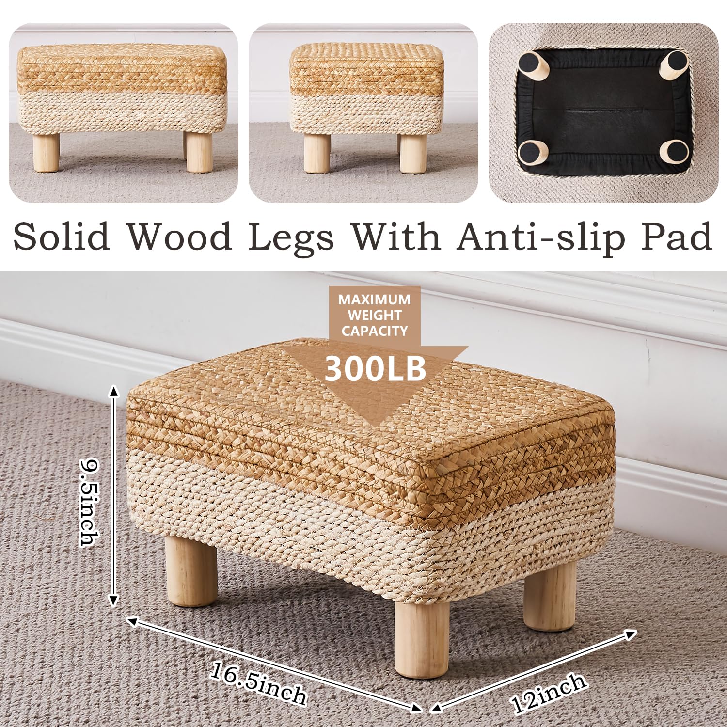 Cpintltr Foot Stool Ottoman Rectangular Footrest Pouf Ottomans Natural Seagrass Footstool with Wooden Legs Hand Weave Step Stool for Living Room Bedroom Entryway White