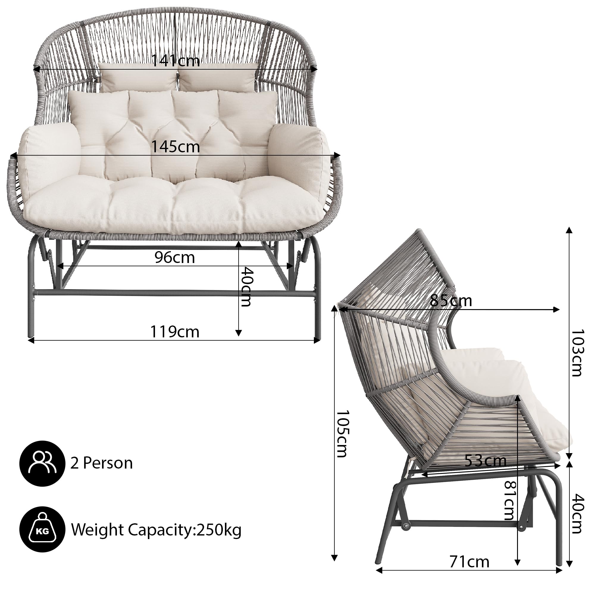 Moimhear Mecedora de jardín para dos personas, silla colgante para patio, silla de huevo oscilante para exteriores, silla de balancín, columpio de jardín, columpio de porche para el jardín, balcón o