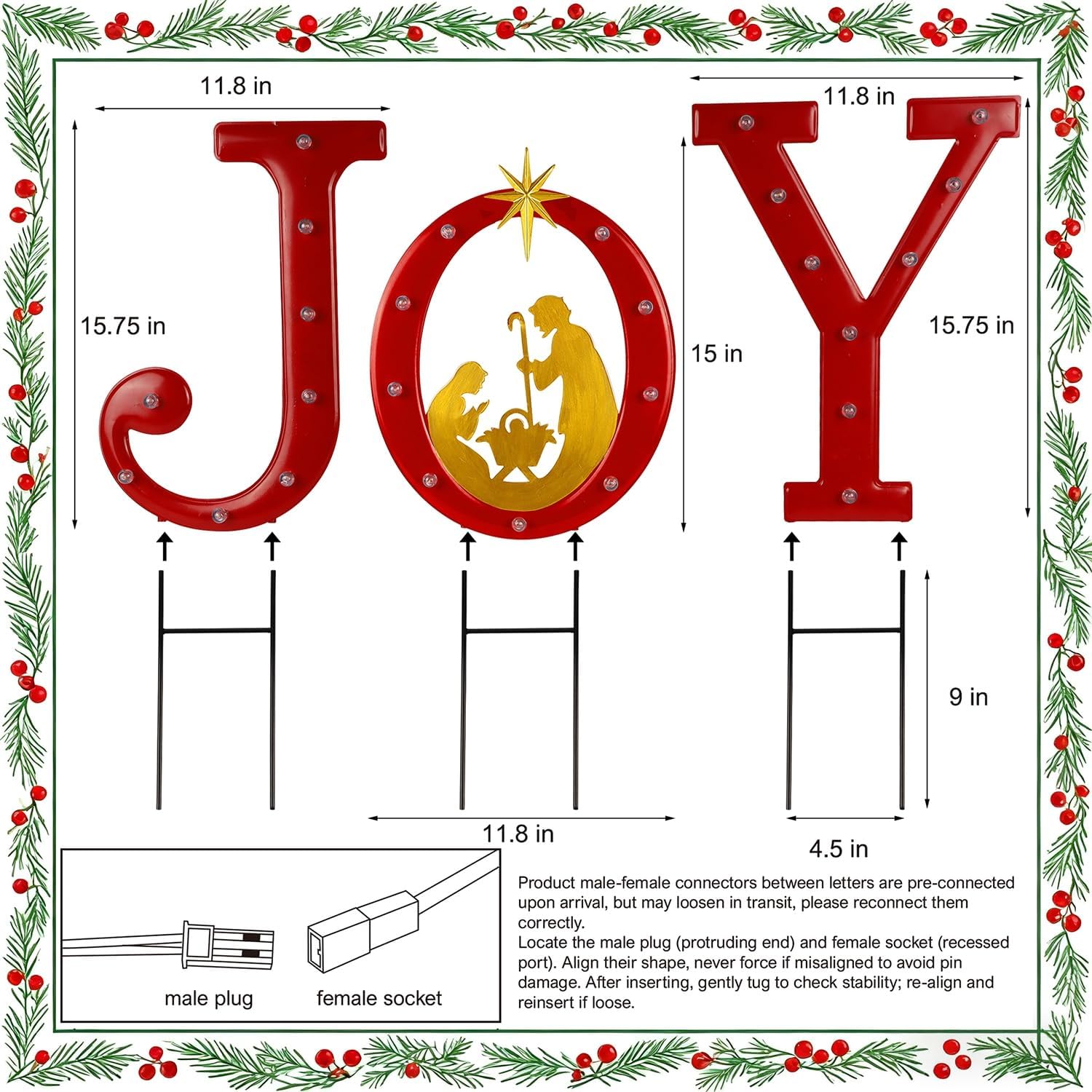 Hausse Lighted Christmas Decorations Outdoor, Joy Letter Nativity Scenes Sets, Xmas Nativity Metal Religious Yard Decor with Stake, Battery Powered for Home Winter New Year Holiday Garden Patio Lawn