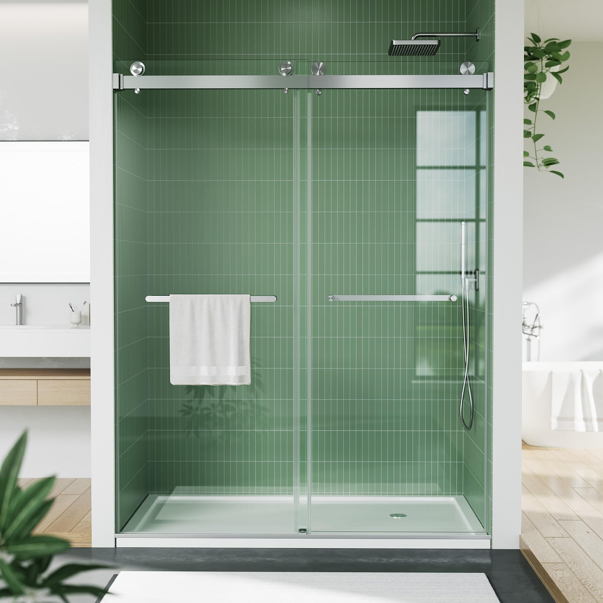 Framed Shower Door 44-48 inch W×74 inch H – Glass Shower Door, Stainless Steel Square Rail, Double Sliding Shower Glass Door, 6mm Tempered Glass, Brushed Silver