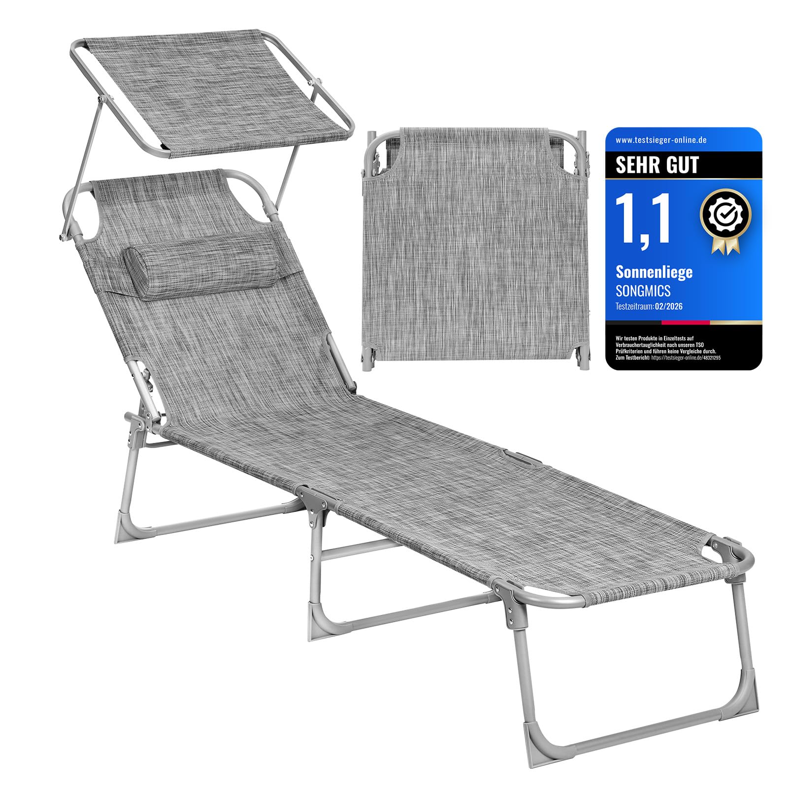 SONGMICS Sonnenliege, klappbarer Liegestuhl, 193 x 53 x 29 cm, trägt bis zu 150 kg, Sonnenschutz, Kopfkissen, verstellbare Rückenlehne, für Garten, Pool, Terrasse, grau meliert GCB19T