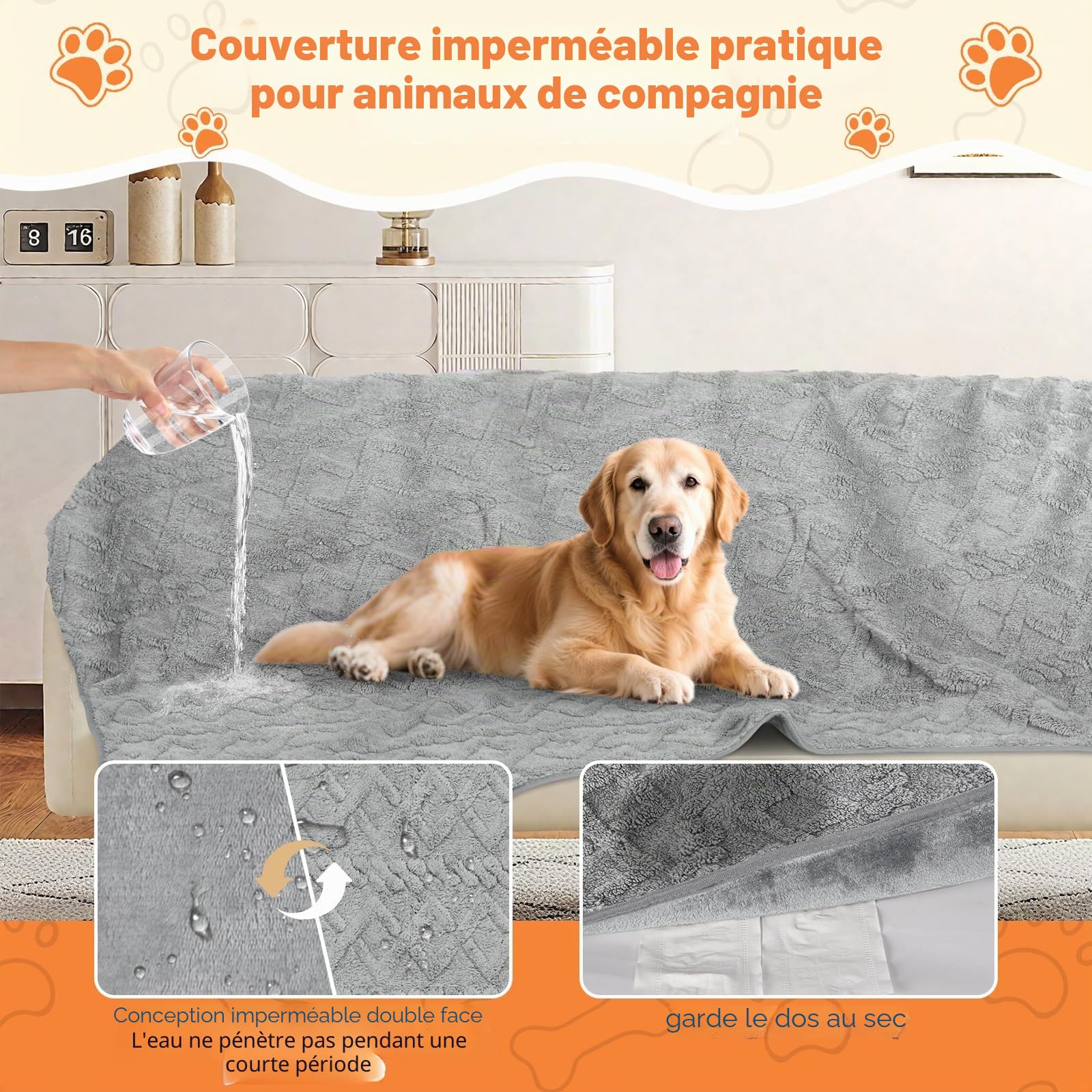 Couverture Chien 100x75cm, Tissu Flannel Imperméable, Moelleux et Chaud Couverture pour Chien, pour Chien Moyen et Grand, Lavable en Machine, Protection Canapé, Réversible (Gris)