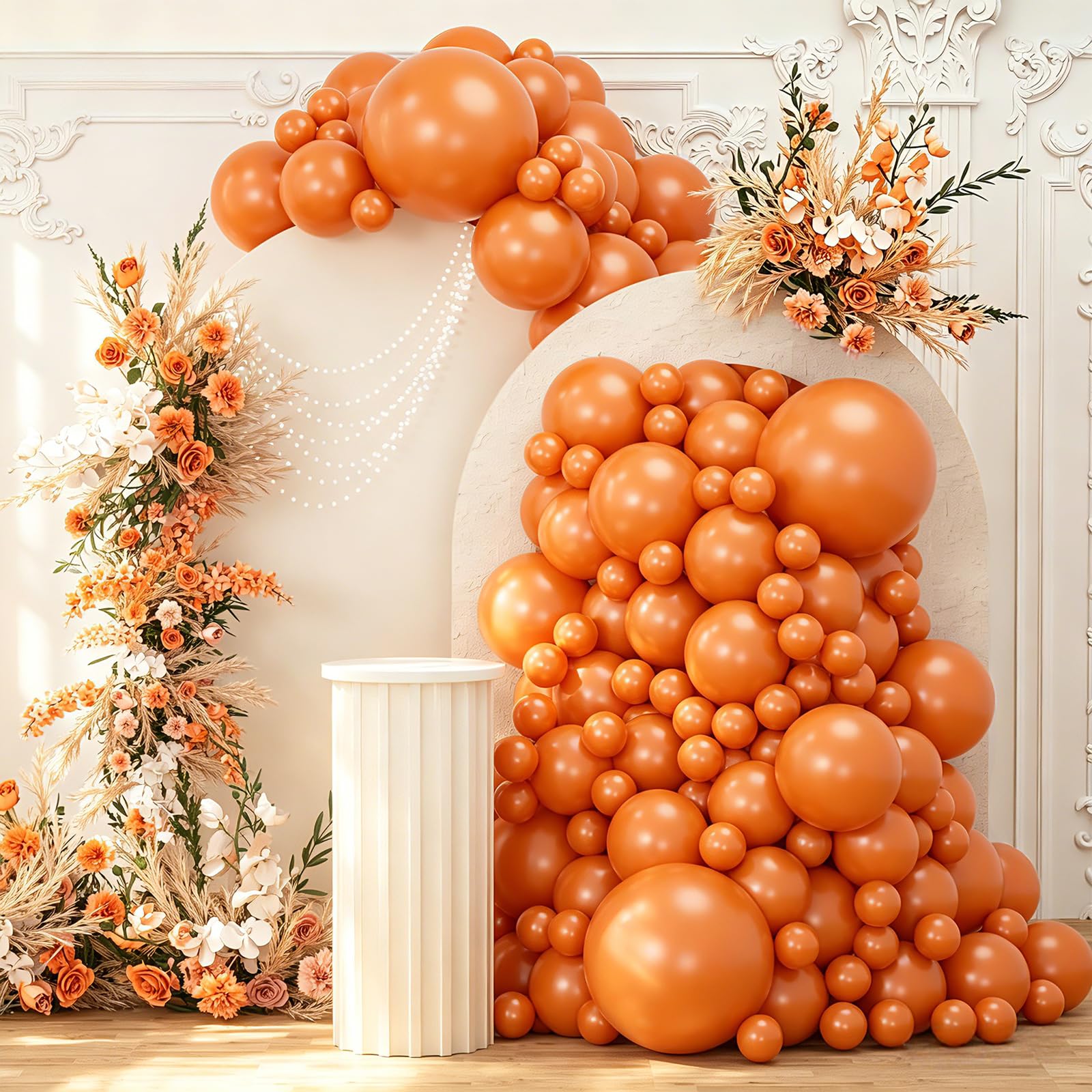 Photo 1 of 108Pcs Orange Double Stuffed Balloons Different Size, 18/12/10/5 inch Pastel Matte Burnt Orange Balloons Garland Arch kit for Baby Shower Birthday Summer Party Decoration