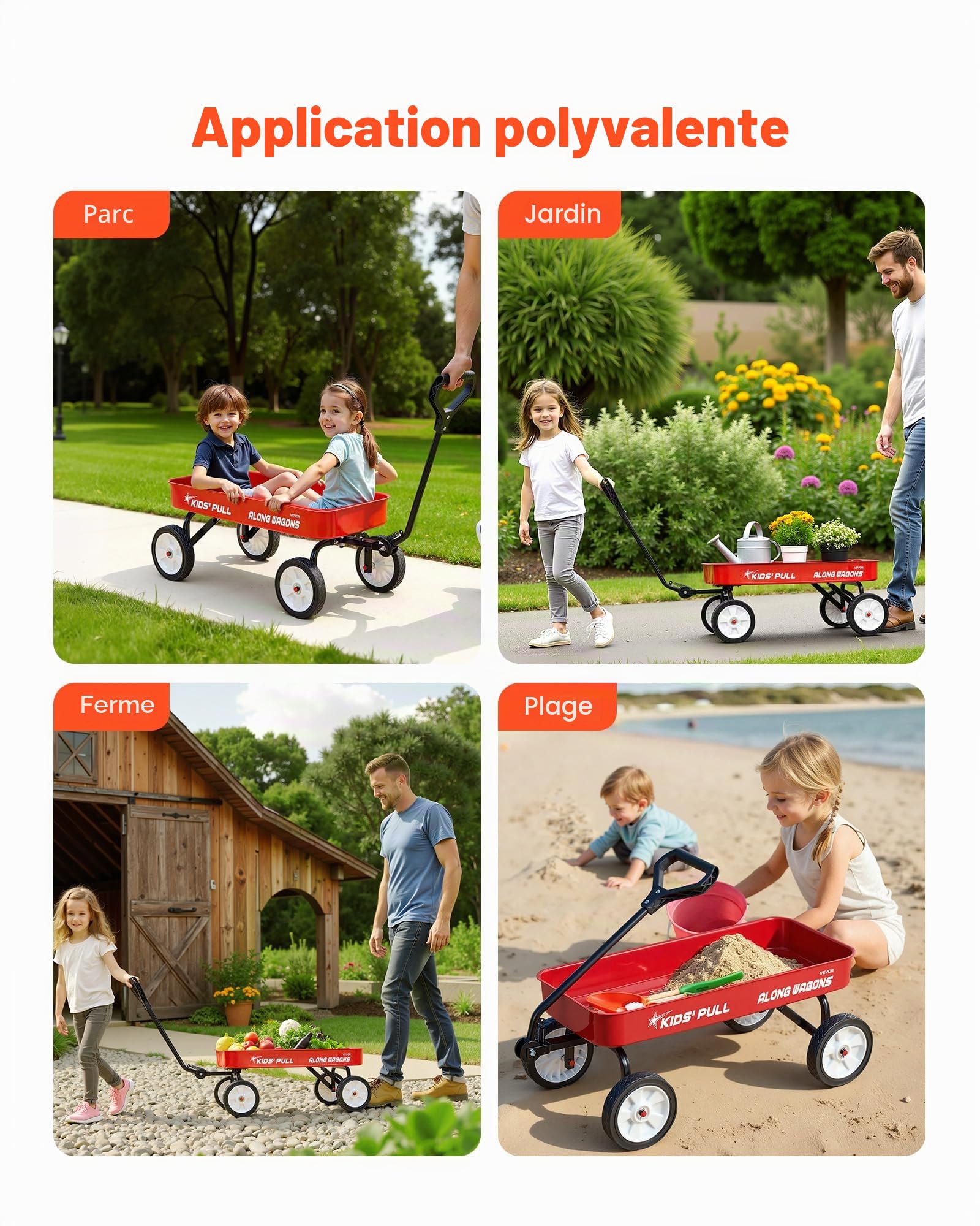 VEVOR Chariot à Tirer Enfants 101 cm Chariot Tout-Terrain Tout-Petits Métal, Charge 80 kg, pour Cadeau d'anniversaire Enfants, Jardinage, Plage, Camping, Aventures en Plein Air, avec Poignée, Rouge