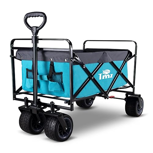 TMZ Collapsible Garden Wagon Cart, All Terrain Utility Folding Wagon, Foldable Outdoor Handcart with Big Wheels, 265lbs Capacity for Shopping, Camping, and Outdoor Activities-Turquoise/Grey - Turquoise