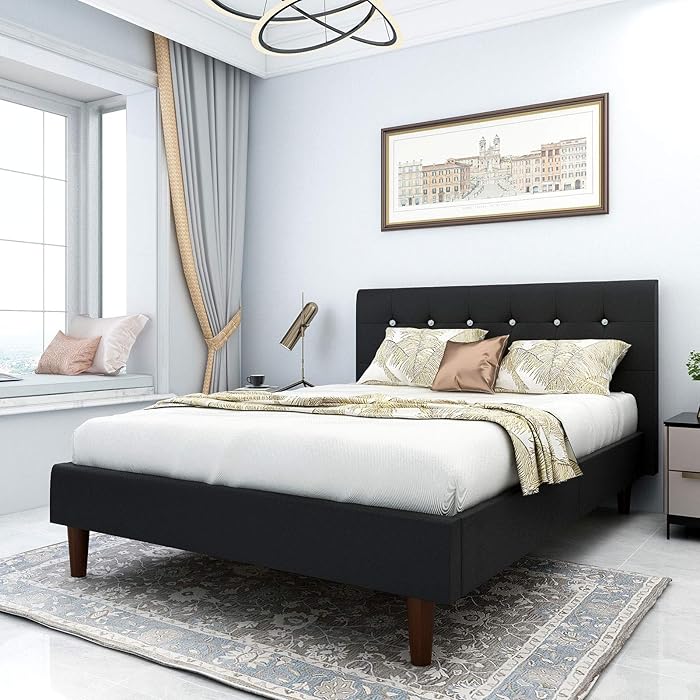 Buy Yegee Faux Leather Platform Bed Queen Size Bed Frame with Crystal