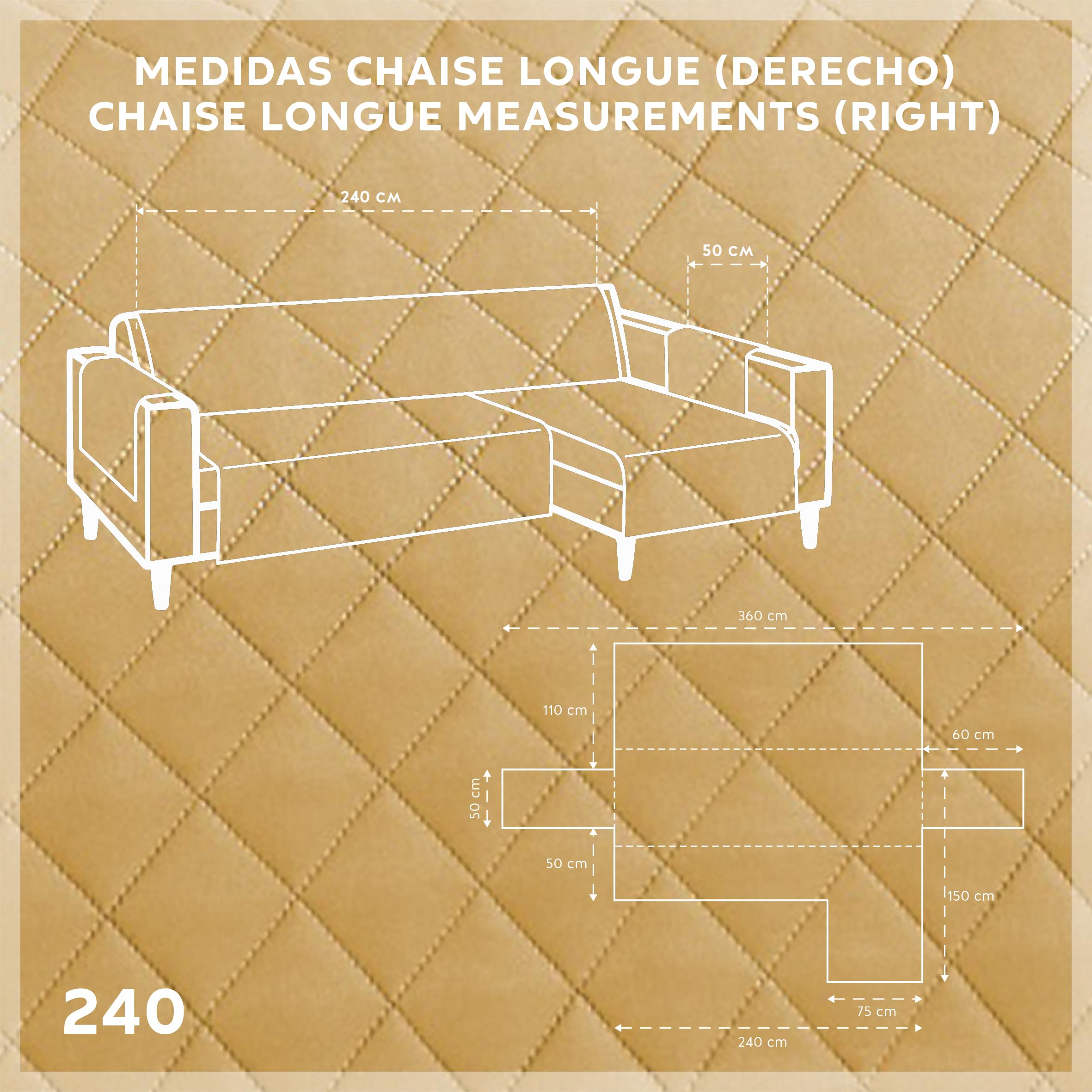 Textilhome Copridivano Chaise Longue con Penisola Malu 240cm – Salvadivano Trapuntato Universale con Bracciolo Destro, Protezione per Animali Domestici, Colore Senape (Visto da Davanti)