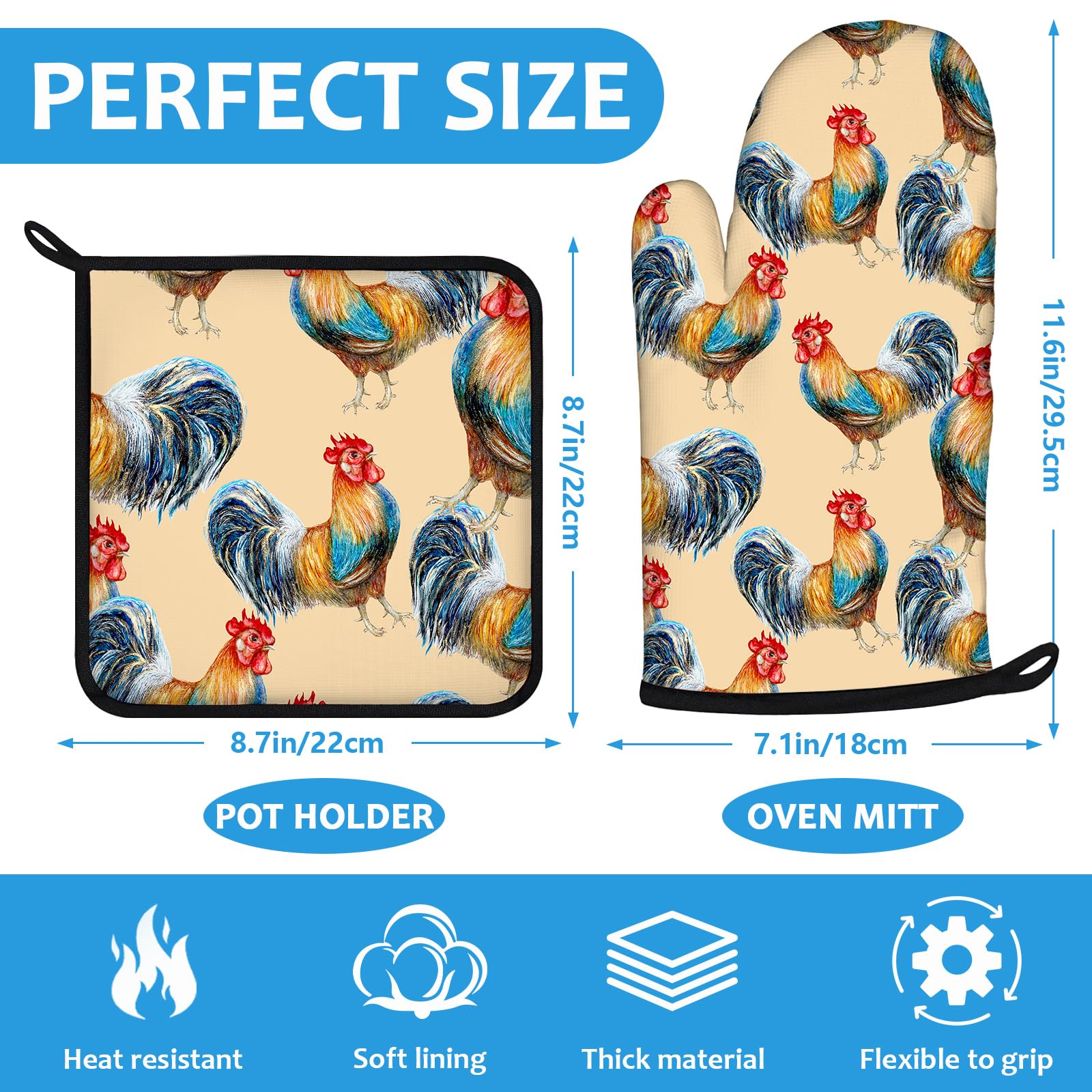 Set di 4 presine resistenti al calore, guanti da forno a forma di gallo, resistenti al calore, per cucina, cottura al forno, grigliate, barbecue