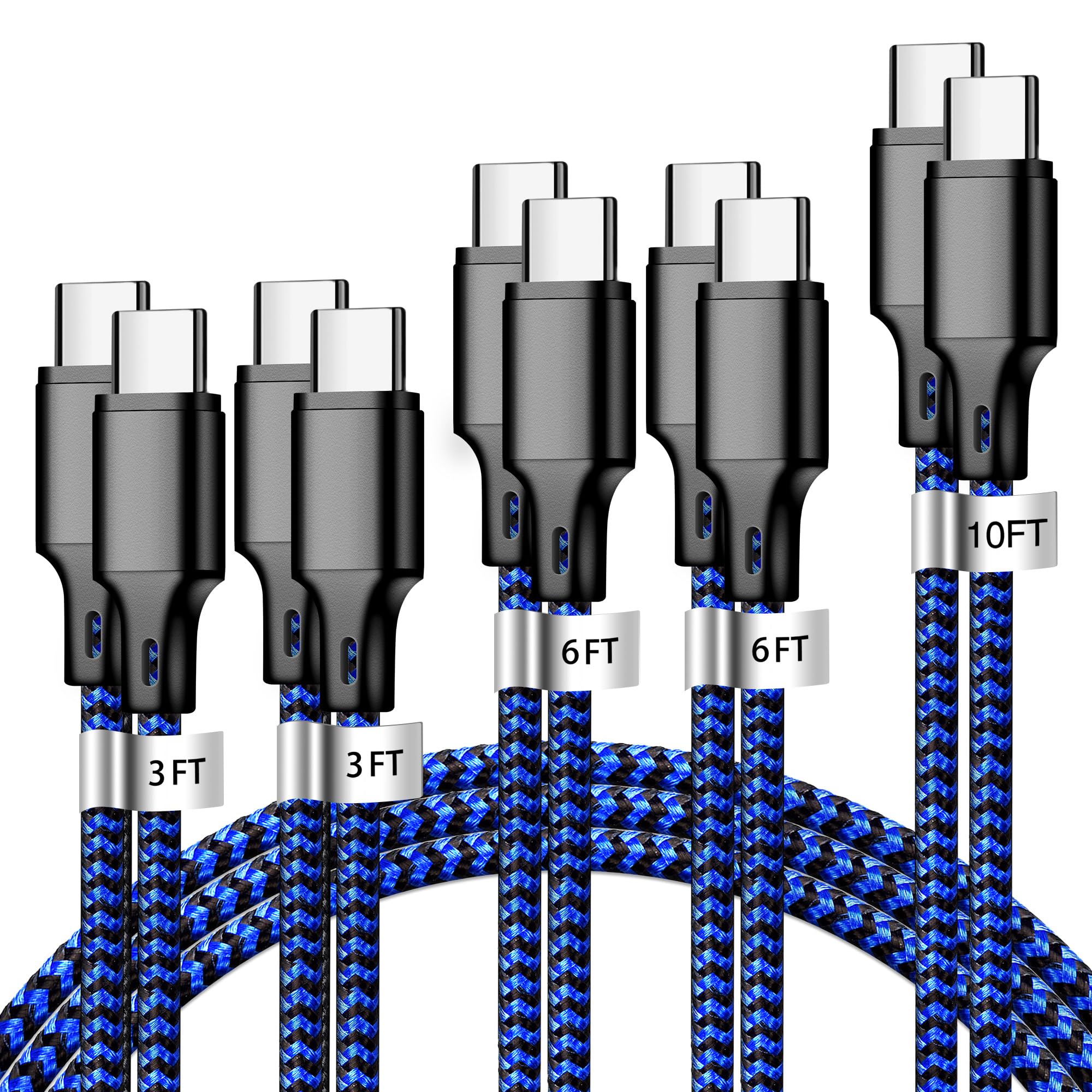 CUGUNU USB C to USB C Charger Cable, 5 Pack [3/3/6/6/10ft] Type C Fast Charging Cord High Data & Transfer Wire Compatible for iPhone 16/15/Pro/Plus/Pro Max iPad Air ps5 Controller Samsung (BlackBlue)