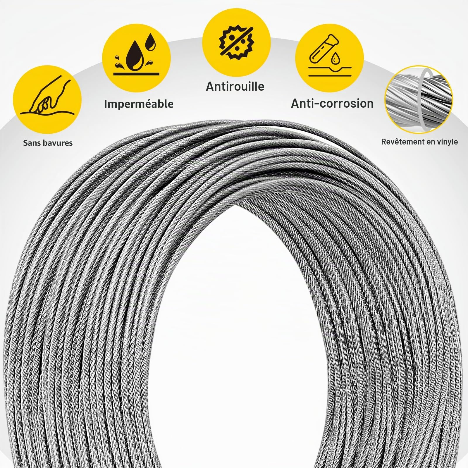 Kit de câble métallique en acier inoxydable 304, 50m 2 mm recouvert de PVC avec tendeurs M4, fil de jardin pour plantes grimpantes, clôtures, suspension de luminaires et projets de bricolage