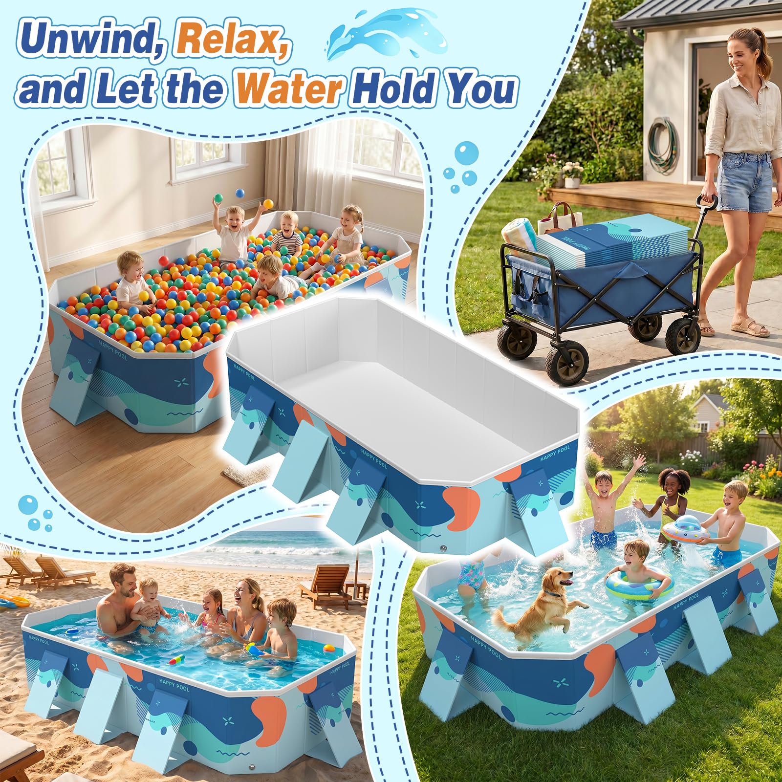 Piscina Plegable Grande para Adultos, bañera de hidromasaje de Lado Duro no Inflable, Piscina Interior al Aire Libre portátil del jardín del jardín con configuración rápida y Drenaje Dual