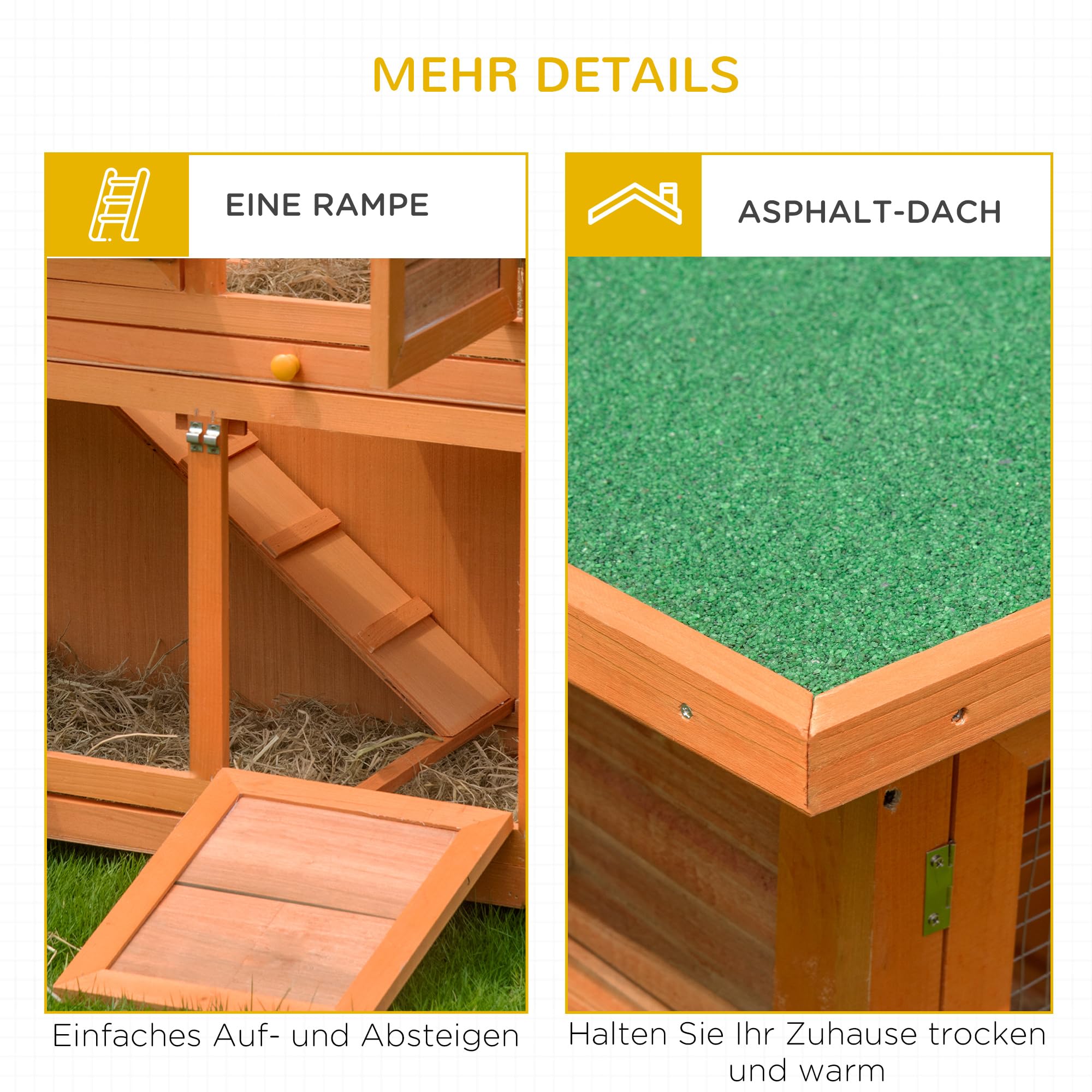 PawHut Kleintierstall mit Asphaltdach Doppelstock Gelb 120 x 48 x 100 cm | Kleintierkäfig, Kleintierhaus, Meerschweinchenstall, Nagerkäfig, Winterfest, Tannenholz