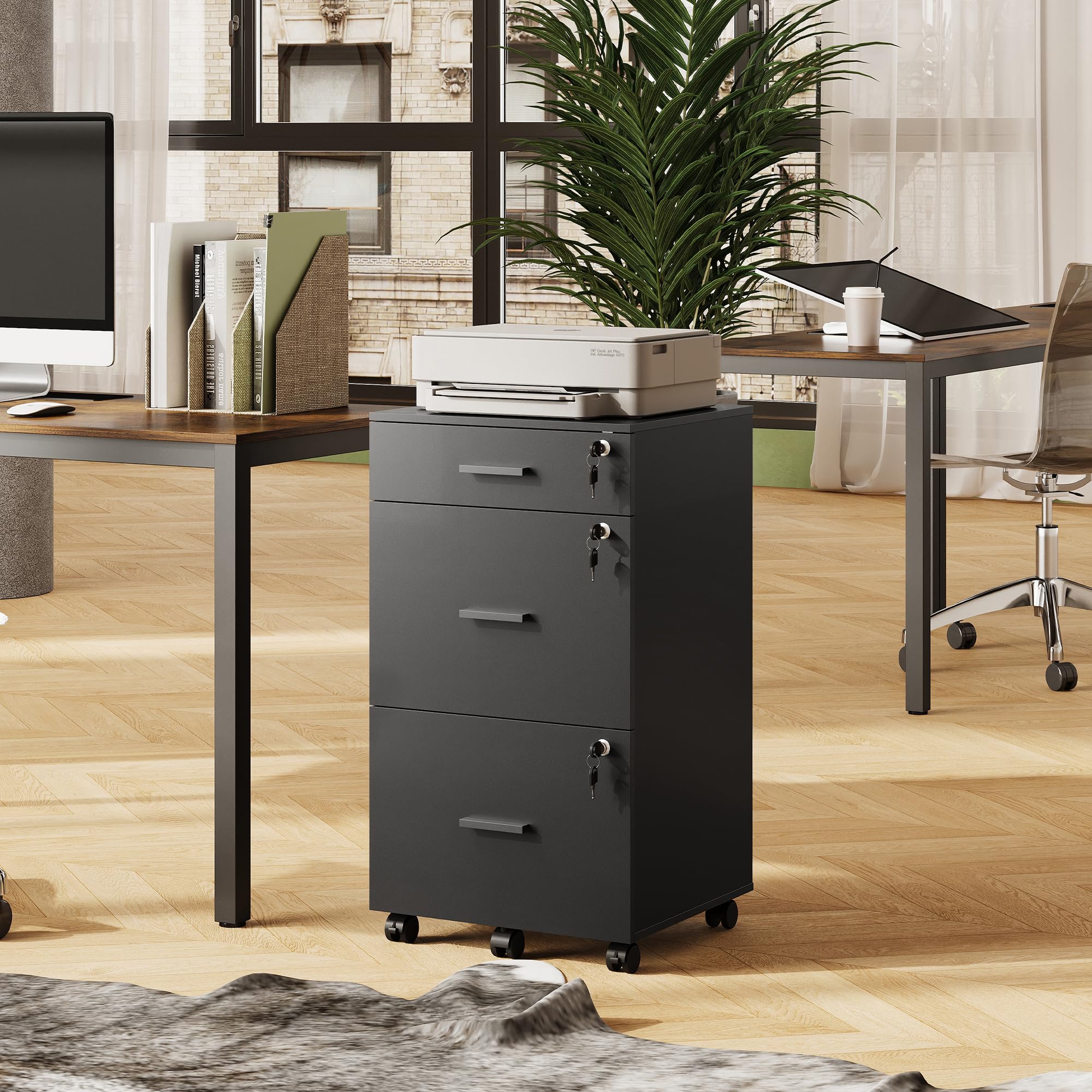DEVAISE Caisson de Bureau 3 Tiroirs Verrouillable, Meuble sous Bureau avec Support Imprimante, Rangement pour Formats Lettre/Légal/A4, Noir