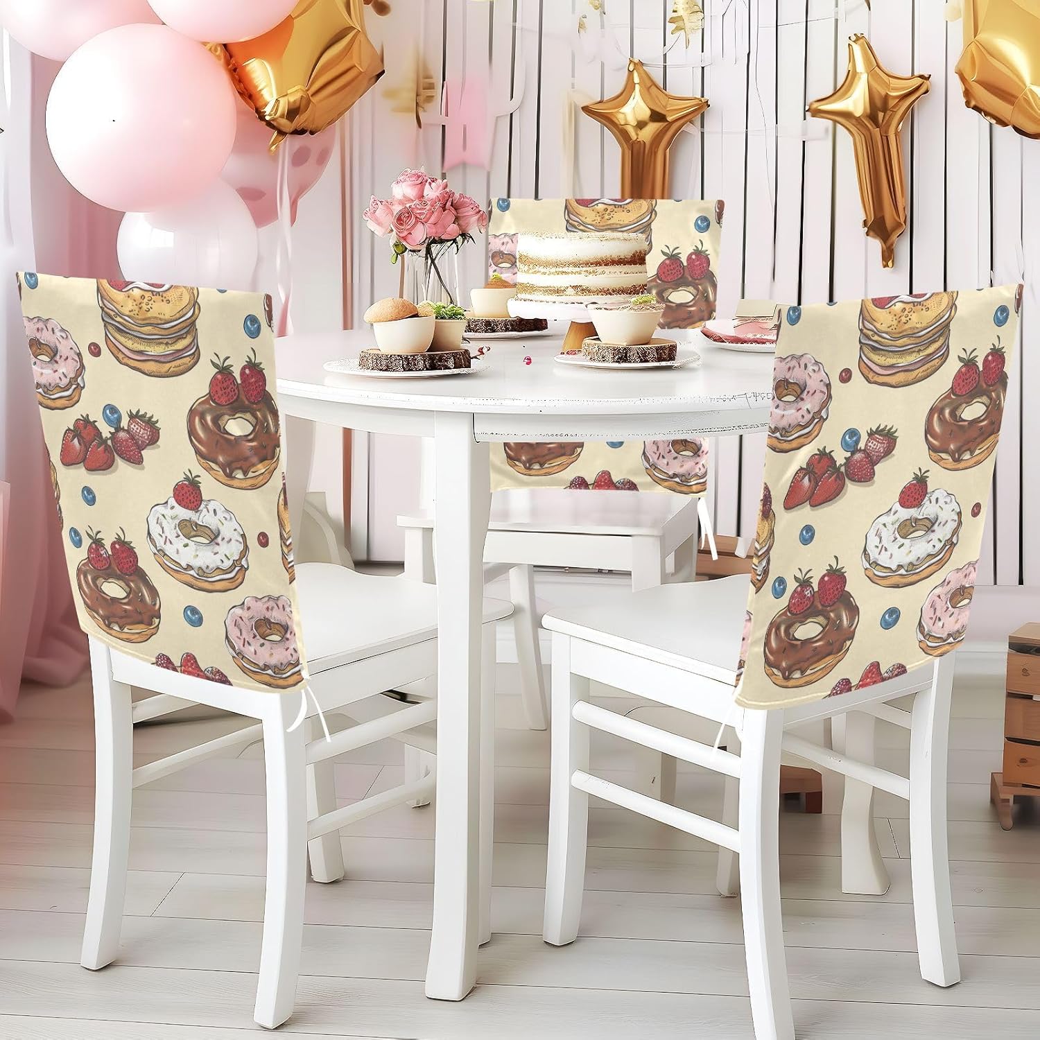 ALAZA Donuts Cakes Strawberry Chair Back Cover Set of 6, Washable Reusable Removable Chair Slipcovers Decorative Chair Cover for Home Kitchen Wedding Party
