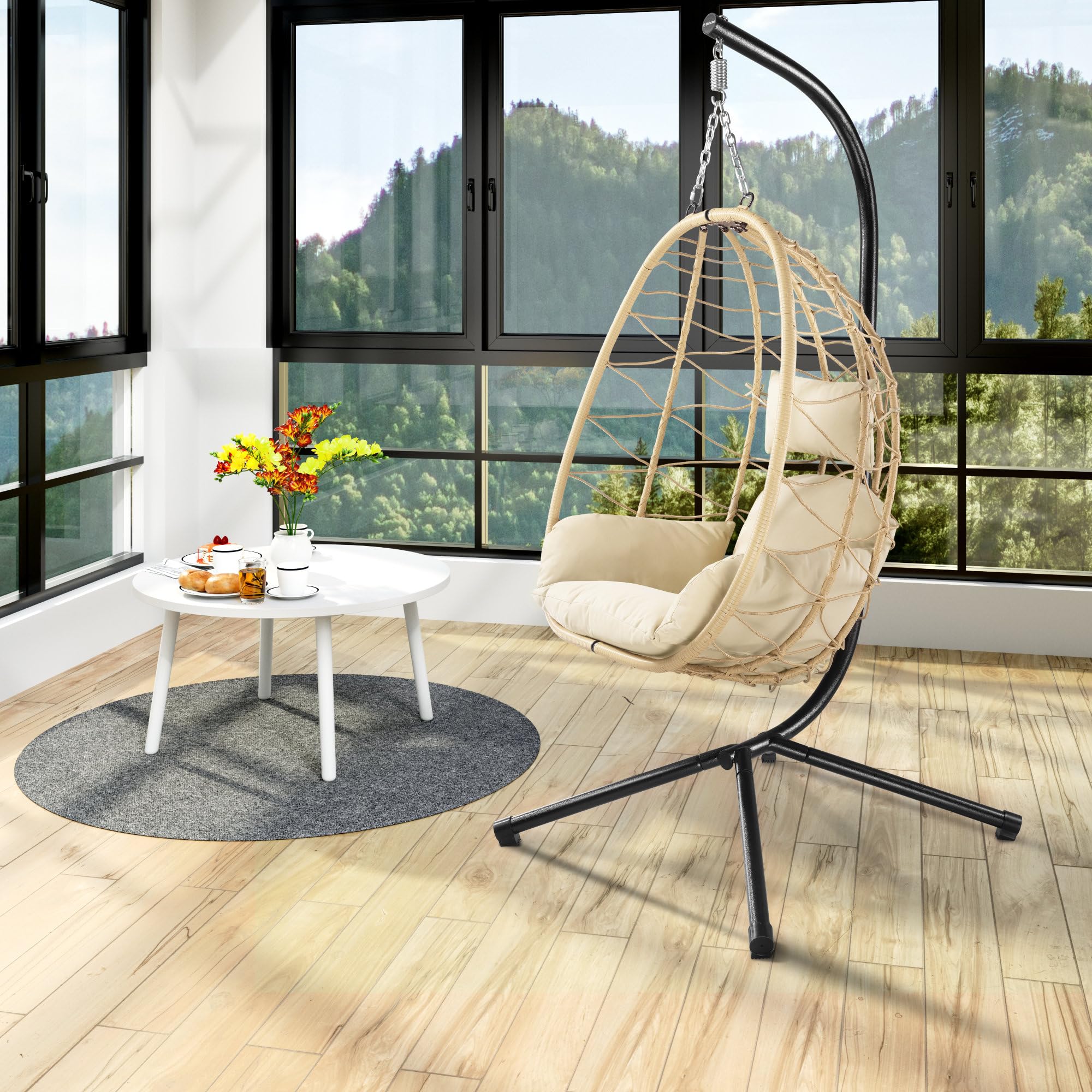 Fauteuil hamac avec châssis | Crème | Hamac Suspendu pour l’intérieur et l’extérieur | Coussin et Rembourrage d'assise de siège Inclus | Fauteuil Oeuf Suspendu pour terrasse