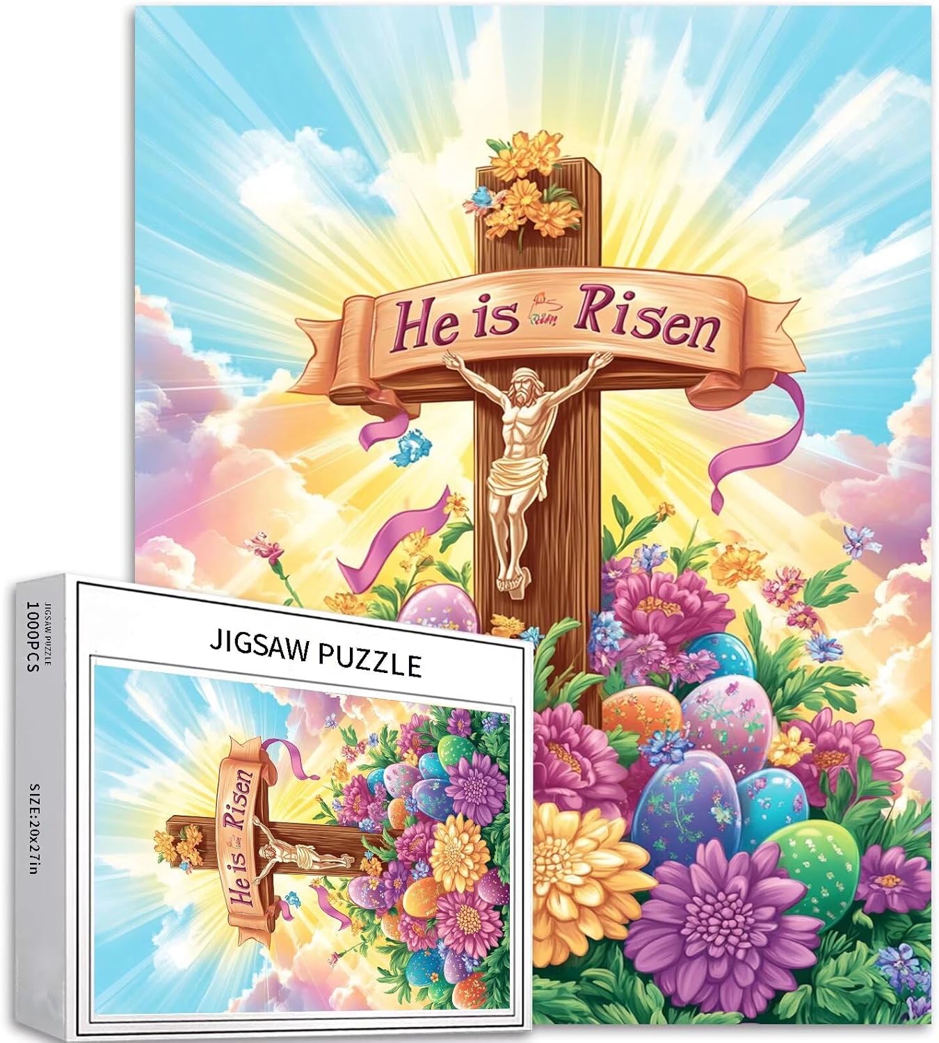 Sumllee 1000 Piece White Easter Bunny Jigsaw Puzzle for Adults, Easter Eggs Puzzles, Challenging Family Activity Games, Colorful DIY Craft Puzzle for Home Decor Gifts, 27x20 Inches