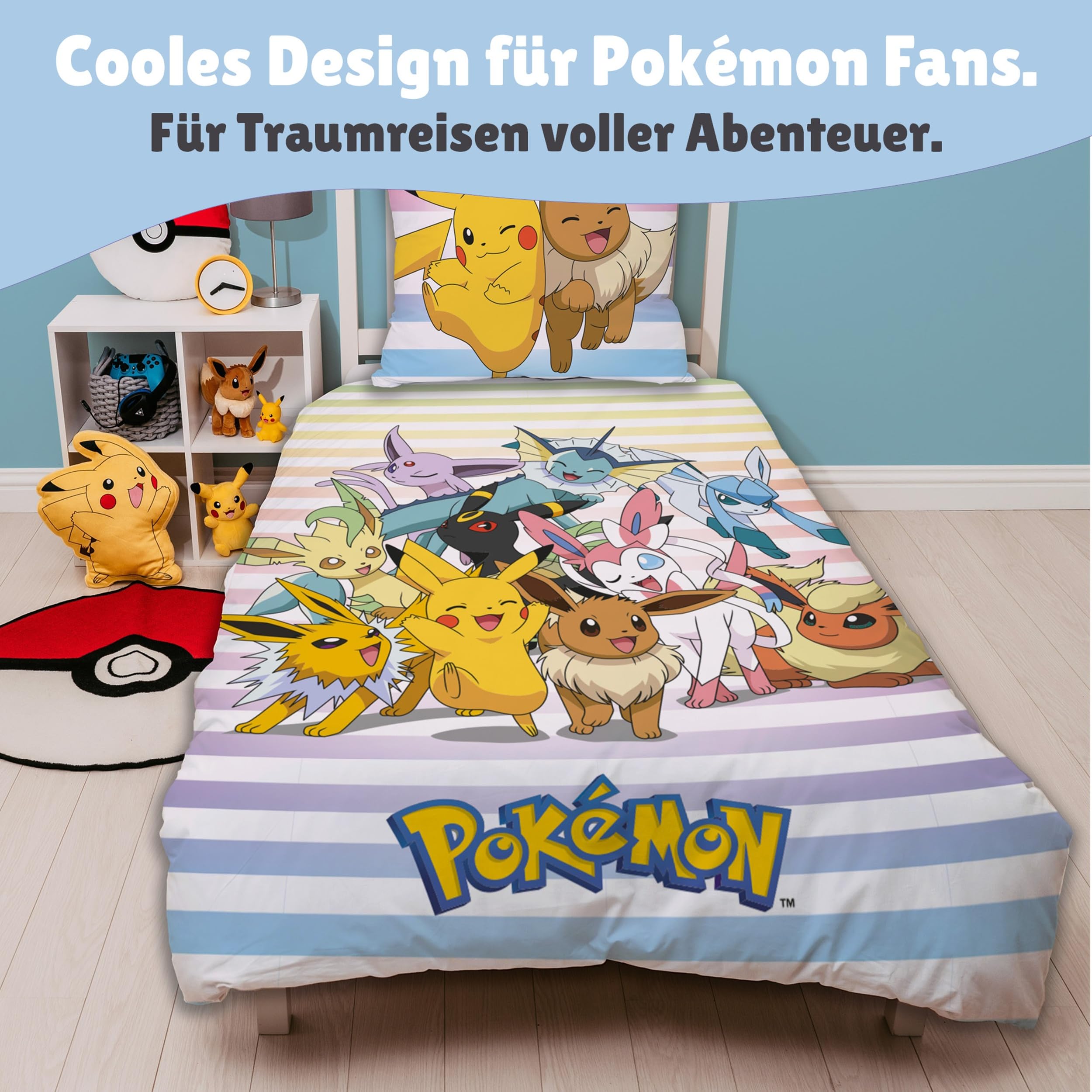 Familando – Pokémon Bettwäsche Set (2-teilig) – Decken- & Kissenbezug 135x200 cm & 80x80 cm mit Reißverschluss – Wendemotiv mit Pikachu & Evoli – 100% Baumwolle – Farbecht & pflegeleicht - Öko-Tex