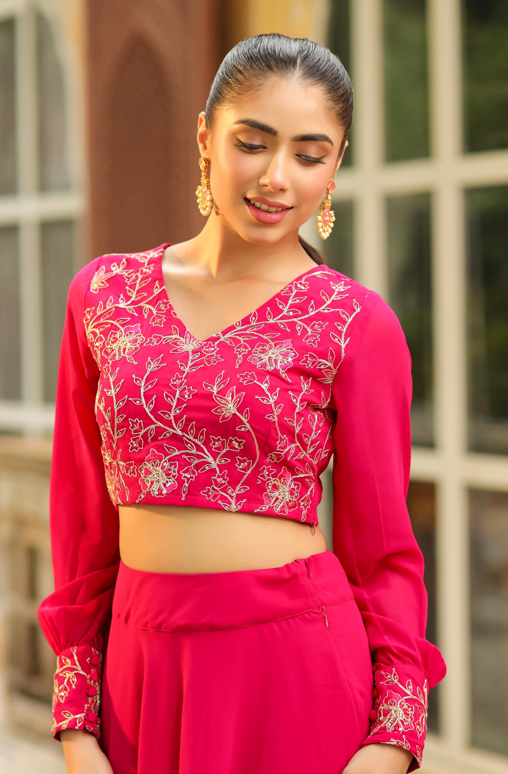 Janasya Women Georgette Embroidered Top & Skirt Pink Color Trending Outfit - Image 8 thumbnail