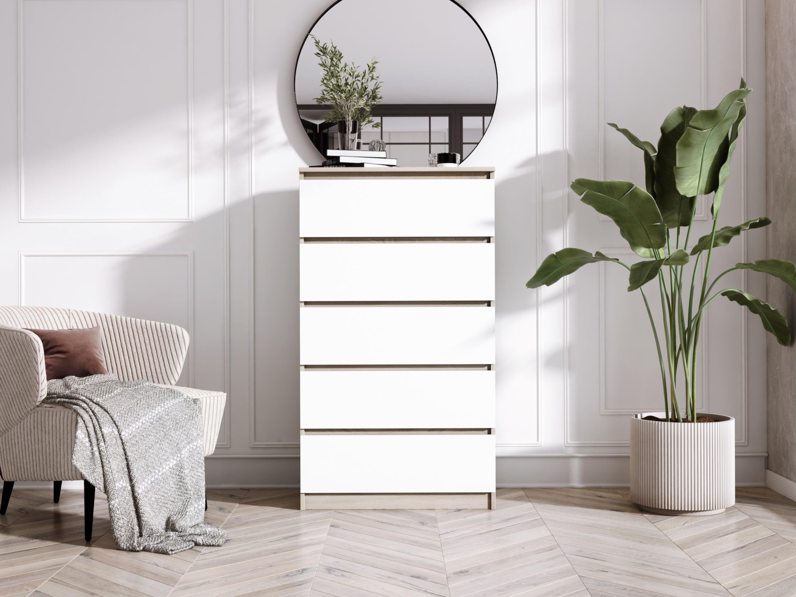 3E 3xE living.com Cassettiera, credenza con 5 cassetti, Quercia sonoma/BIANCO, D: 70 x 124 x 39 cm