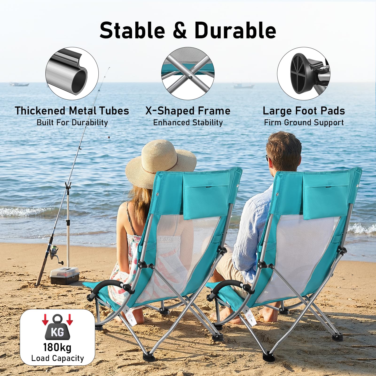 WildFun Chaise de plage pliante, légère et portable, chaise de camping et de pêche avec dossier haut, porte-gobelet, supporte 180 kg pour voyage, extérieur, barbecue, pique-nique, festival (1 pièce