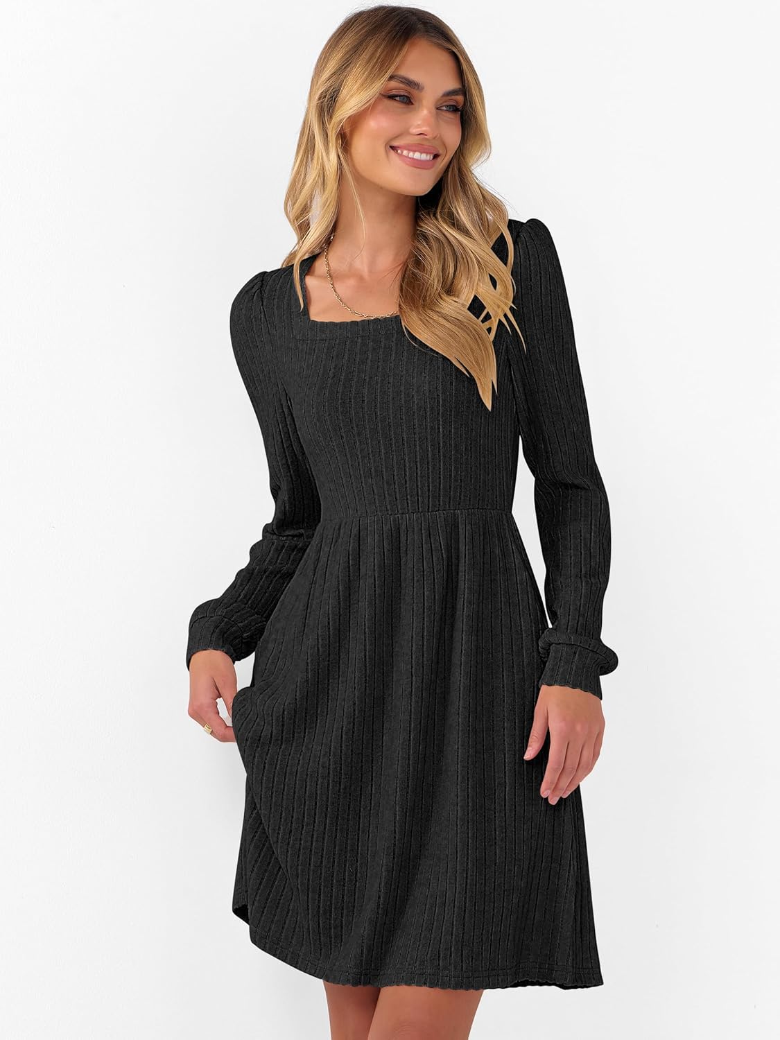 ANRABESS Women's Square Neck Long Sleeve Fall Dress Casual Ribbed Knit Soft 2026 Trendy Short Sweater Dresses with Pockets - Image 3