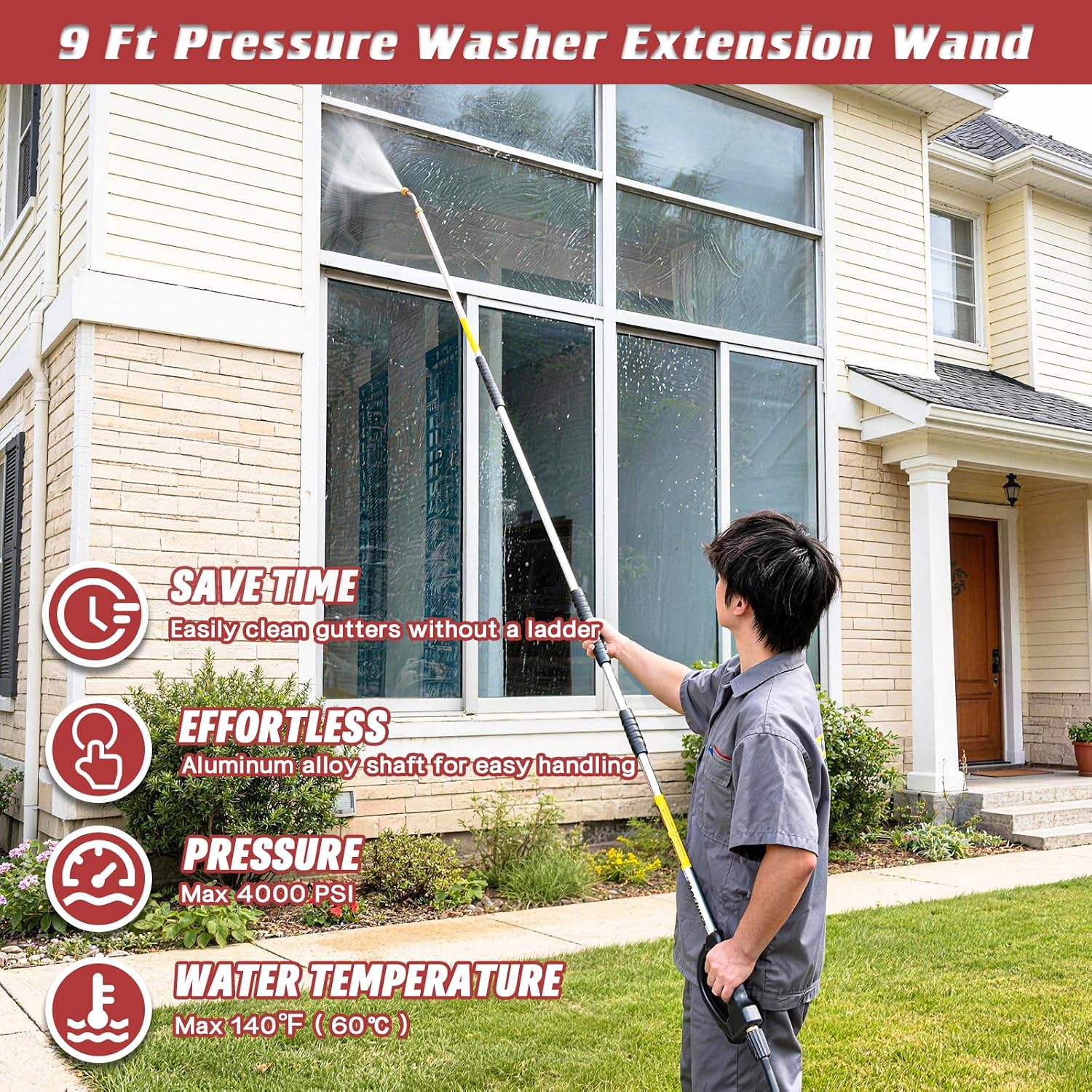 9 FT Pressure Washer Extension Wand with Handle Gun, 4000 PSI