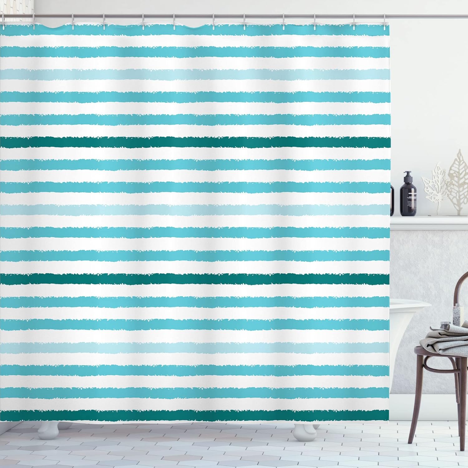 Ambesonne Striped Shower Curtain, Geometric Colorful Tone Brush Style Lines Grunge Retro Digital Print, Cloth Fabric Bathroom Decor Set with Hooks, 69" W x 70" L, Blue Black