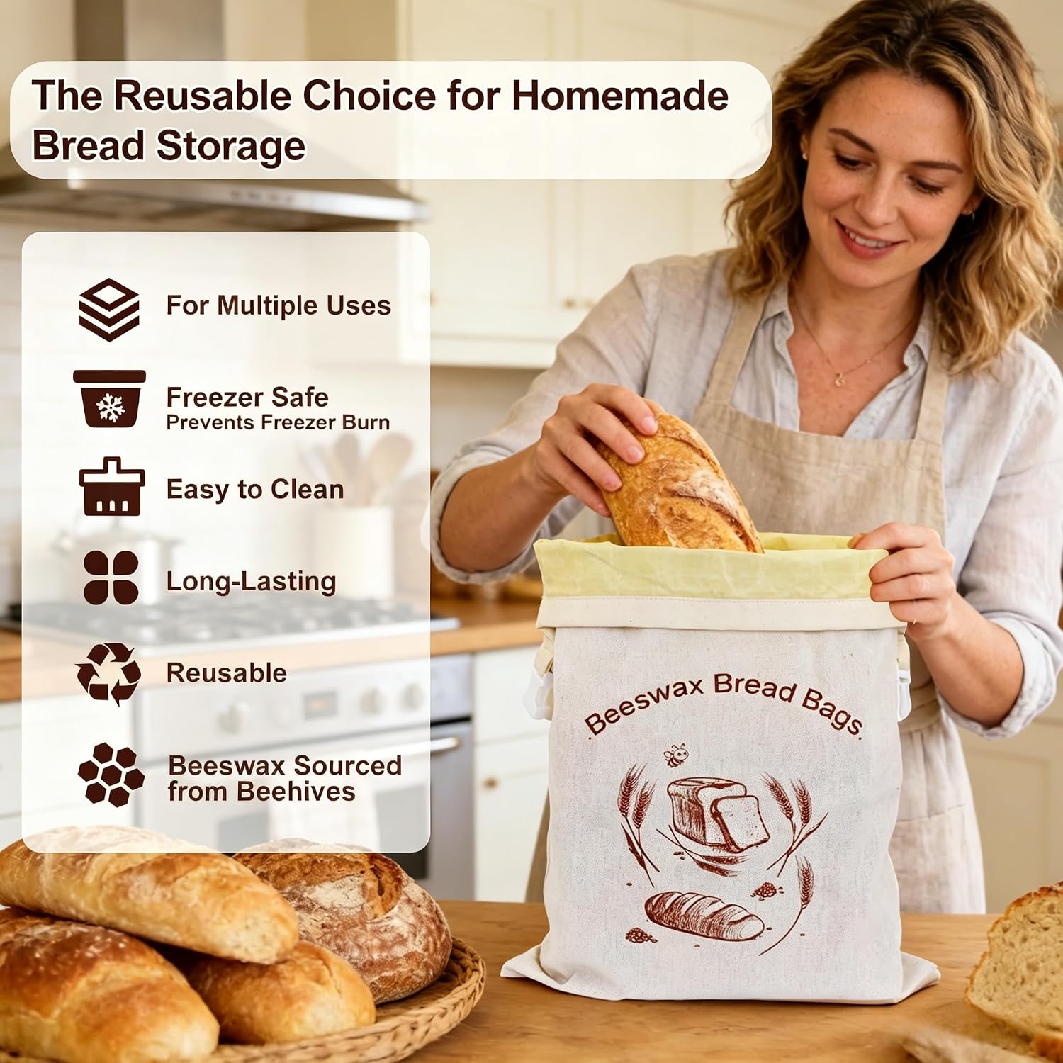 Reusable Beeswax Bread Bags 2 Pack by WSDKNS, for Sourdough & Homemade Bread, Large 17x13 Inch Linen Bag with Beeswax Lining to Keep Food Fresh | Freezer-Friendly & Stylish Design