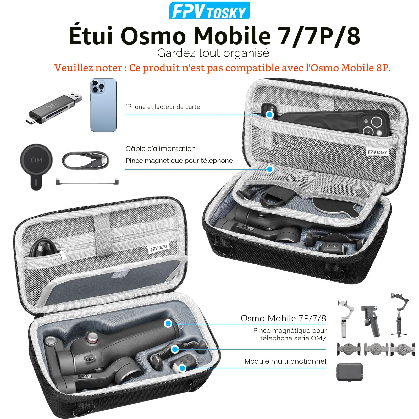 FPVtosky Étui de Rangement Portable en Nylon pour DJI OSMO Mobile 8/7/7P, Noir