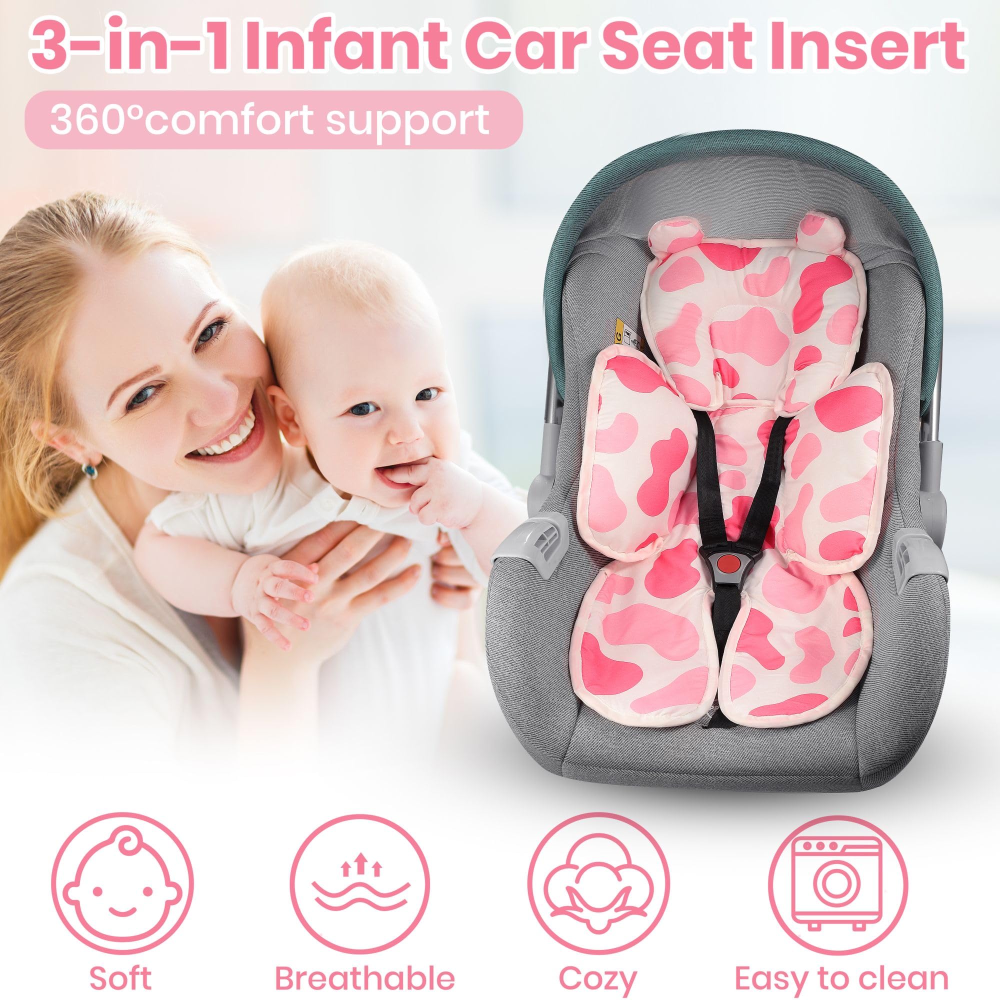 Asiento de coche 3 en 1 para bebé, soporte corporal reversible de algodón Minnky, inserto de asiento de coche para recién nacidos, niños y niñas, cojín suave y transpirable para asiento de