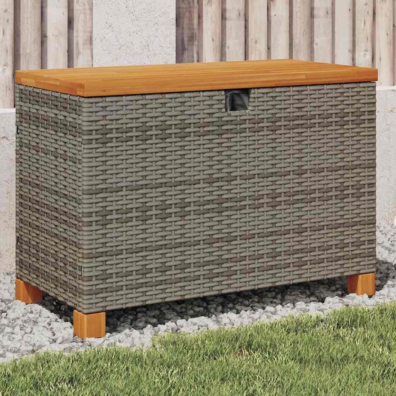 Gecheer Garden Storage Box, Poly Rattan Bench with Acacia Wood Top, 80x40x48 cm Outdoor Storage Seat for Patio Garden