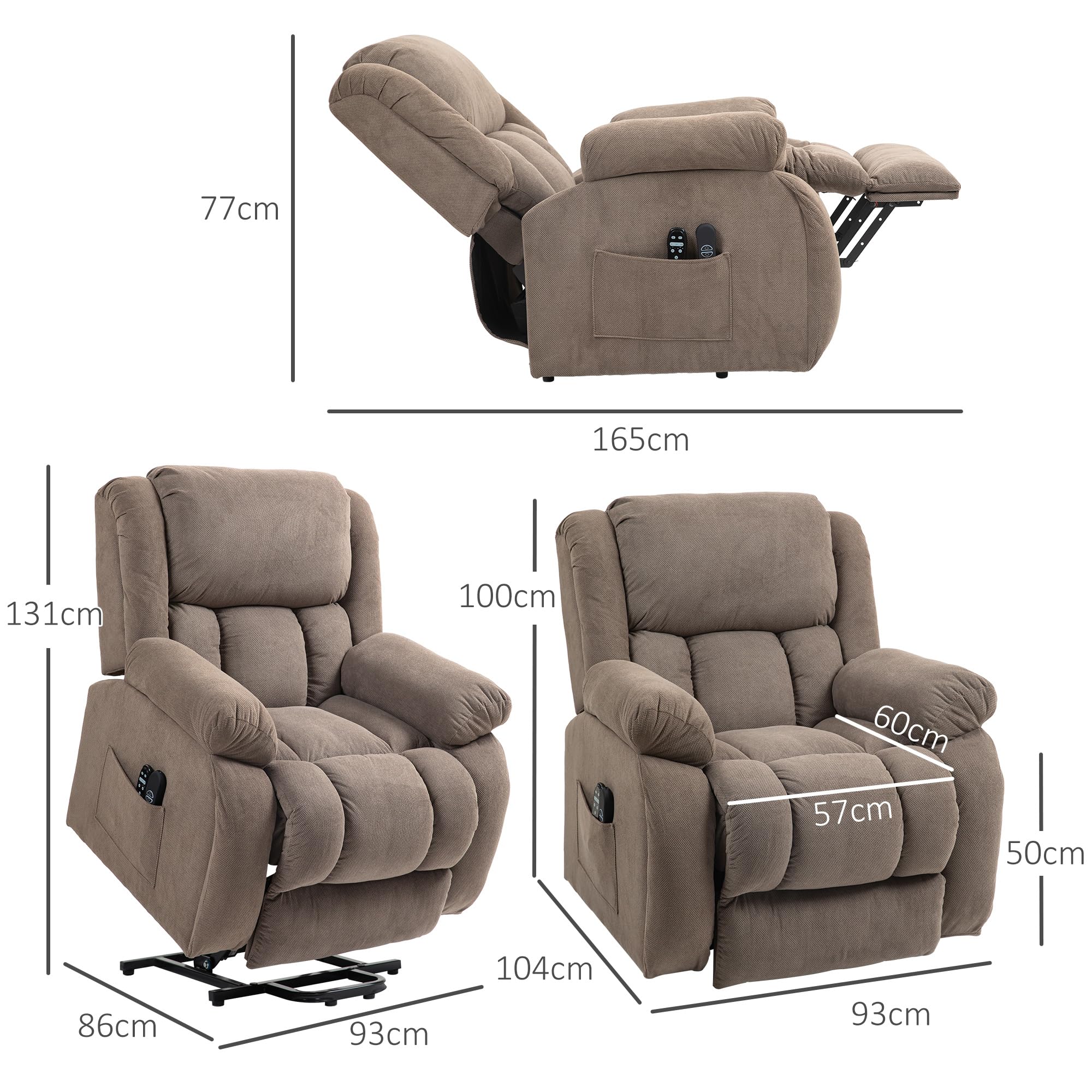 HOMCOM Poltrona Elettrica Alzapersona Reclinabile 150°, Seduta Ampia, Poltrona Relax in Velluto per Anziani, 8 Punti Massaggio Vibrante, Riscaldata, USB, Telecomandi, Poggiapiedi, Tasche, Marrone