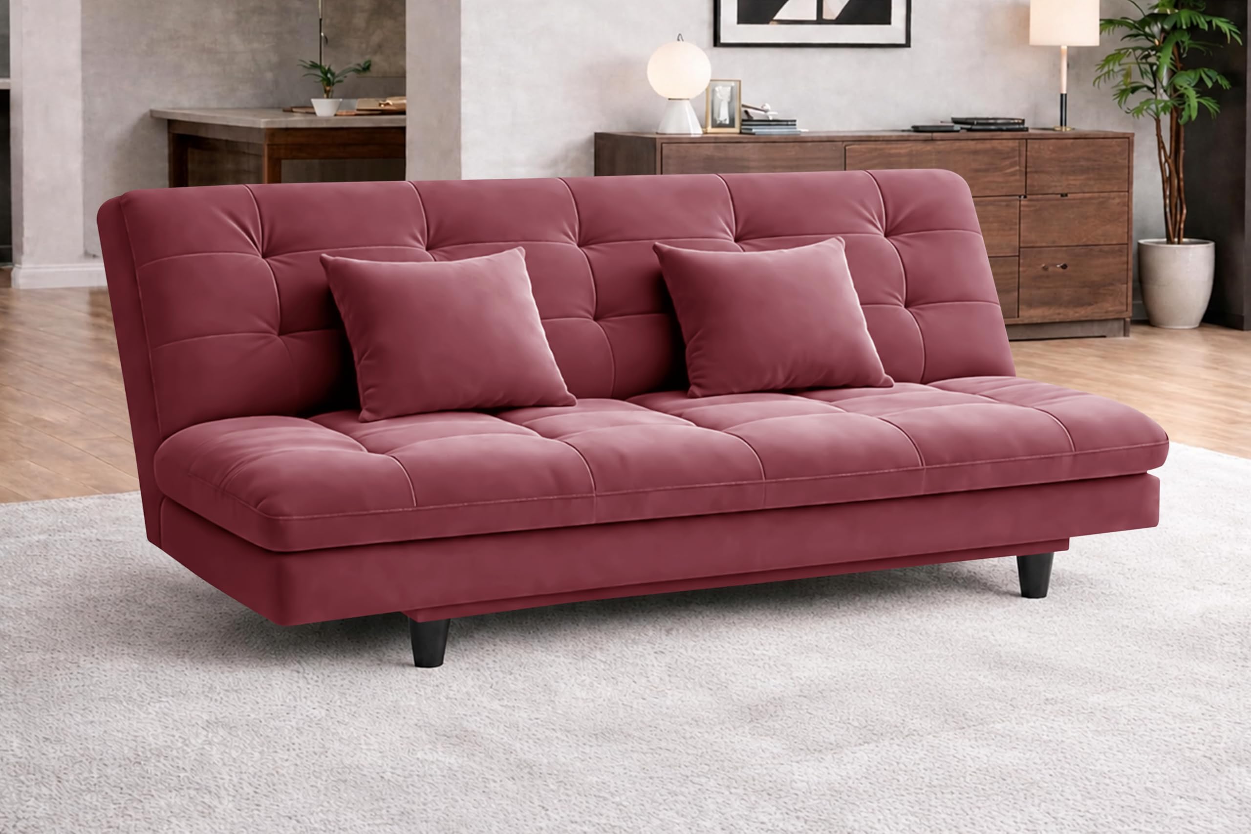 Rosebell Modern Three Seater Sofa Cum Bed Foldable Velevt Fabric Sofa, Soft Foam Seating, Stylish Design for Living Room, Guest Room & Office - Rose Pink Color