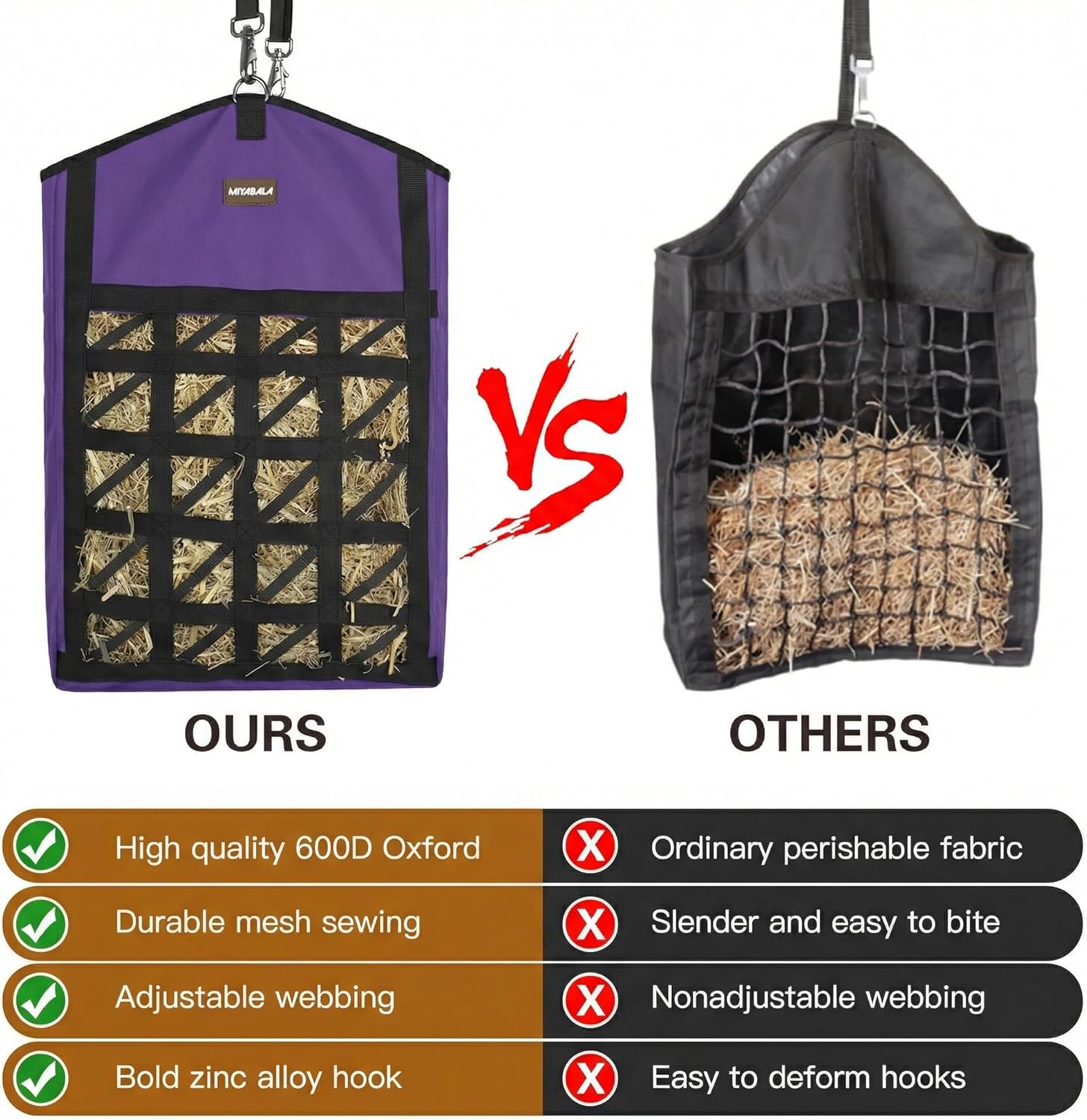 Ultra-Slow Feed Hay Bag for Horses, 3 Packs Hay Bags with Net Front Design,Wide Opening for Easy Filling,Two Types of Hanging for Feeding Goats, Sheep and Donkeys (1 Black+2 Purple)