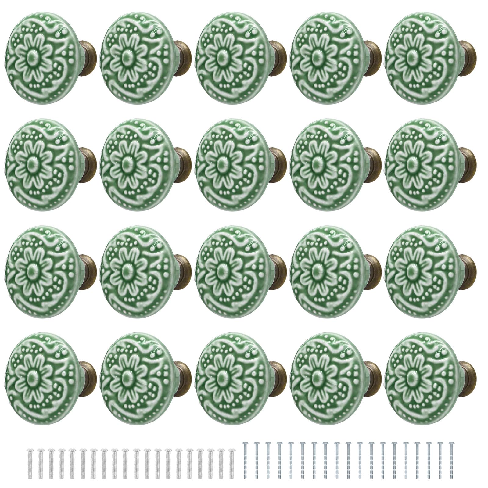 Ceramic Door Knobs - 20 Pack Floral Kitchen Cupboard Drawer Knobs with Screws Set, Vintage Round Decorative Cabinet Pulls, Retro Dresser Pulls for Wardrobes Shoe Cabinets Bedside Tables Desks, Green