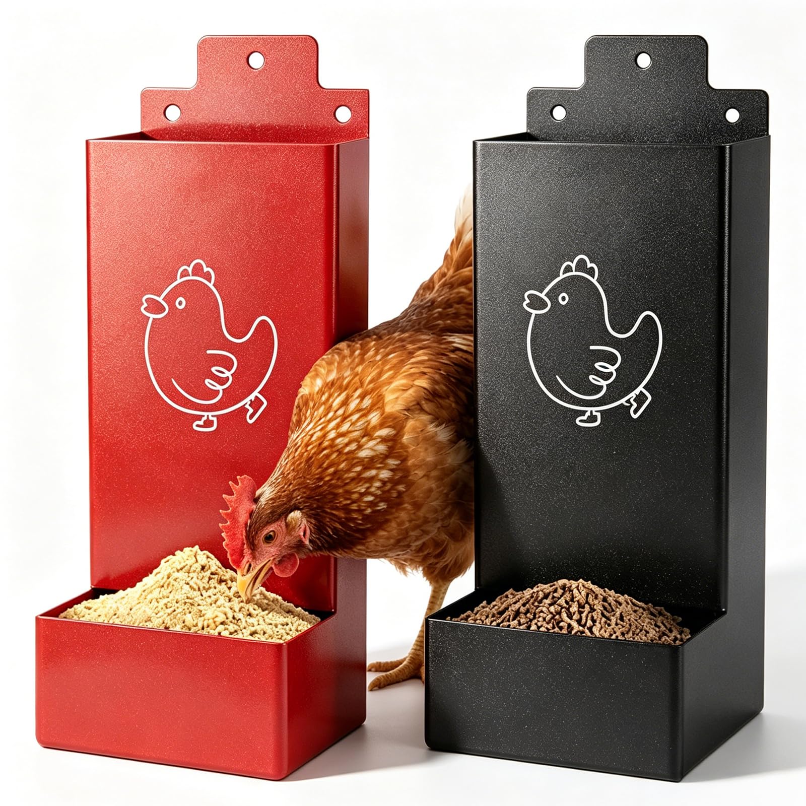 Lote de 2 comederos automáticos para gallinas, 1,3 l/pieza, alimentador automático de gallina, comedero de gallina de metal para accesorios de gallinero y cría de aves de corral, 25 cm (rojo,negro)